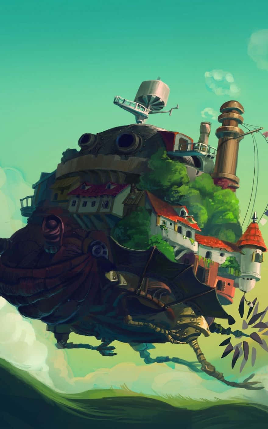Studio Ghibli Phone 桌布 壁紙 — 一個奇特的漂浮島嶼村莊，擁有紅色屋頂和茂密綠植，在青藍色天空下飄浮於雲端之上。