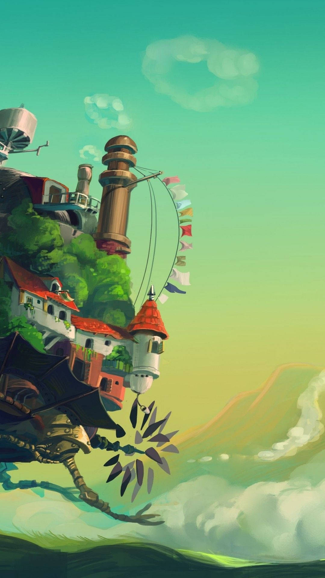 Studio Ghibli iPhone 桌布 壁紙 — 一個奇特的漂浮村莊，有紅頂房屋和一個巨大的機械臂懸掛在雲層之上，下方是柔和的青綠色天空。