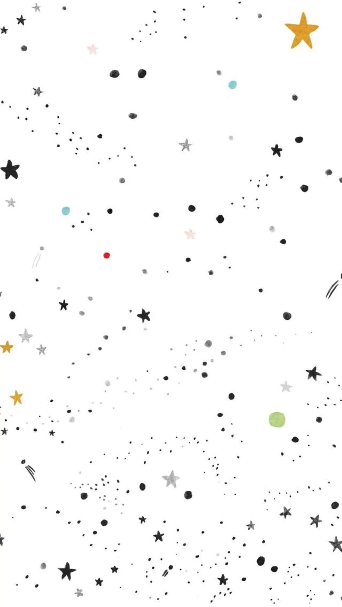 iPhone White 桌布 壁紙 — 一個奇特的白色背景，散落著手繪的星星和圓點，顏色有黑色、金色、粉紅色和藍綠色。