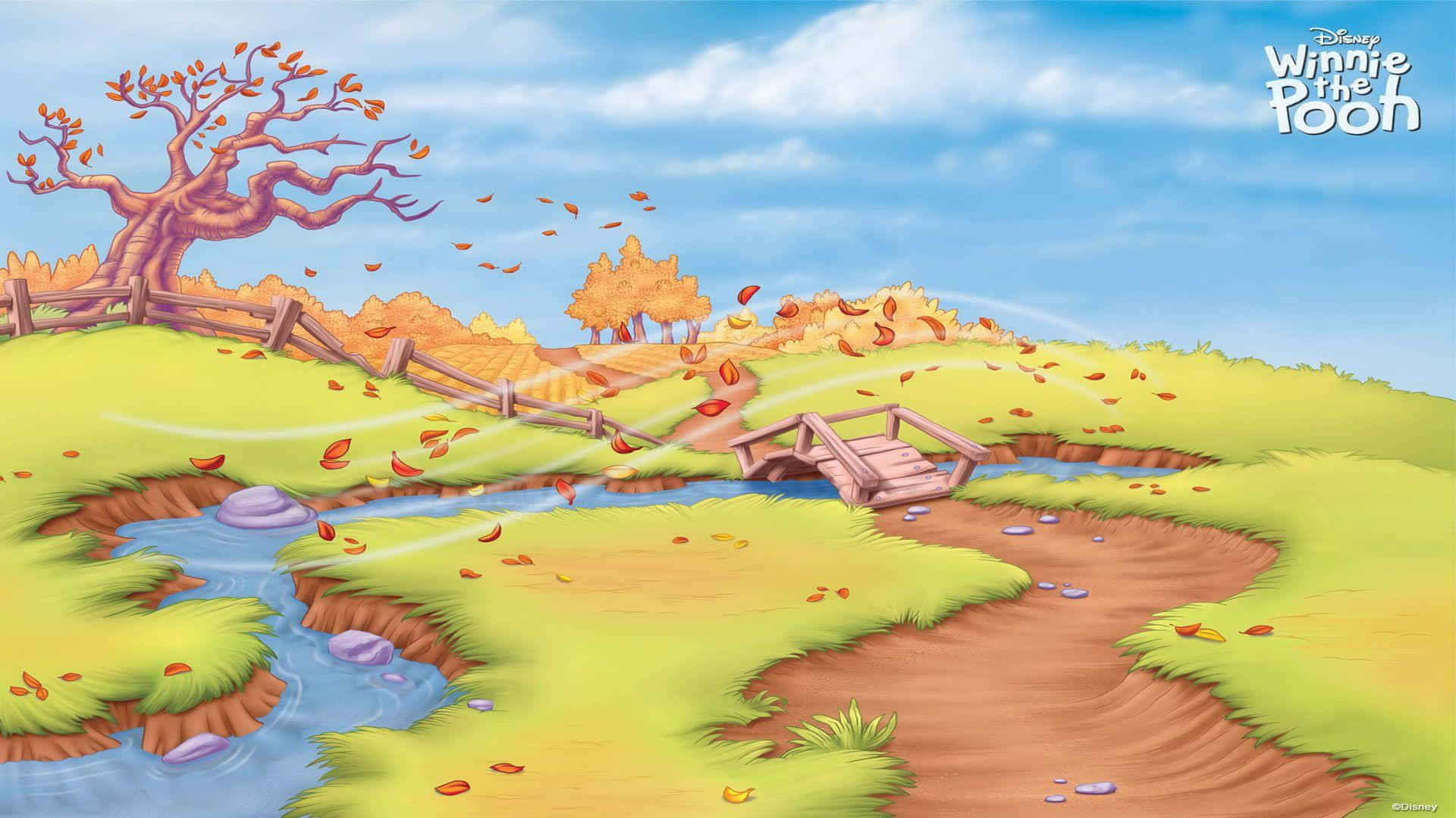 winnie the pooh 桌布 壁紙 — 一個奇特的秋日景觀，有蜿蜒的小溪、木橋和一棵在明亮藍天下掉落橙色葉子的多節樹。