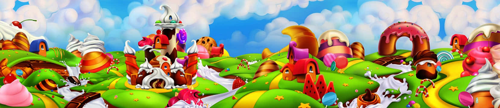 Candy Land 桌布 壁紙 — 一個奇特的糖果景觀，有巧克力河、鮮奶油山丘和巨型甜甜圈拱門，在明亮的藍天下。