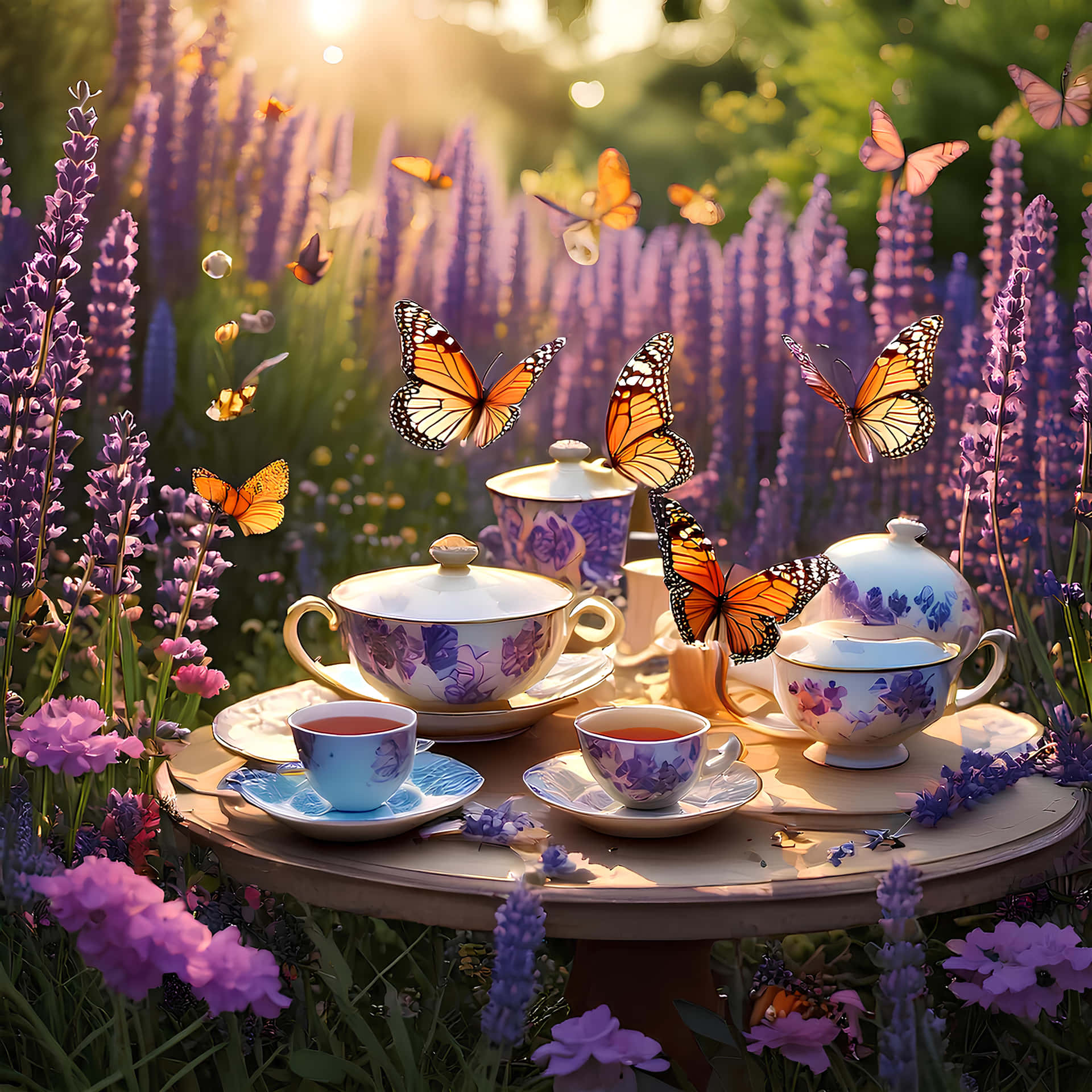 Tea Party 壁紙 — 一個奇特的茶具放在木桌上，周圍是薰衣草田，帝王蝶在金色陽光中飛舞。