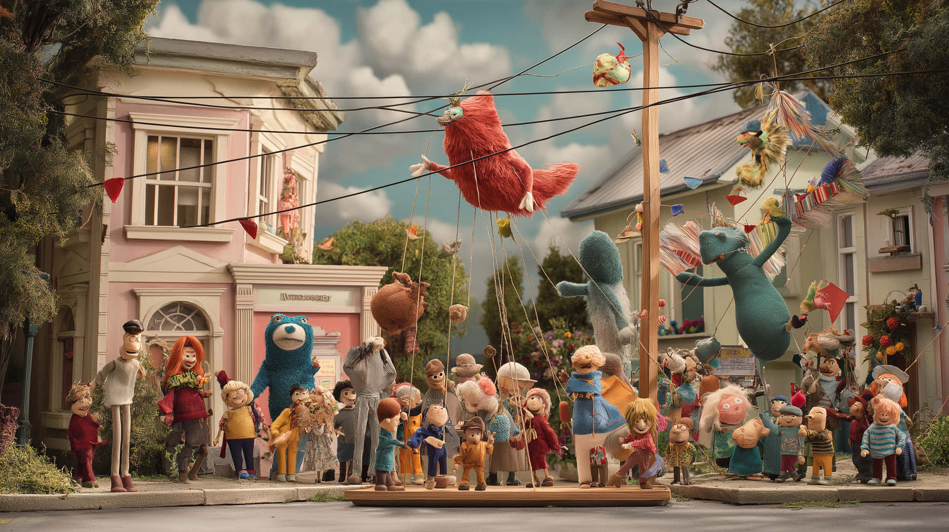 Stop-Motion Town Celebration 壁紙 — 一個奇特的街景，有動畫木偶和超大型毛絨動物在兒童和成人之間漂浮，天空多雲。