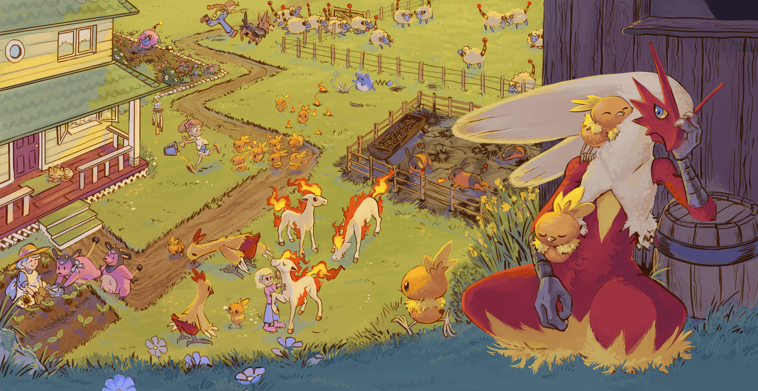 Blaziken 桌布 壁紙 — 一個奇特的農場場景，卡通生物和寶可夢角色在充滿活力、陽光明媚的鄉村環境中互動。