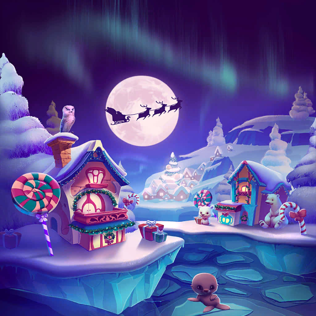 North Pole 桌布 壁紙 — 一個奇特的雪村，滿月下聖誕老人的雪橇飛過糖果主題房屋，冰上有一隻海豹。