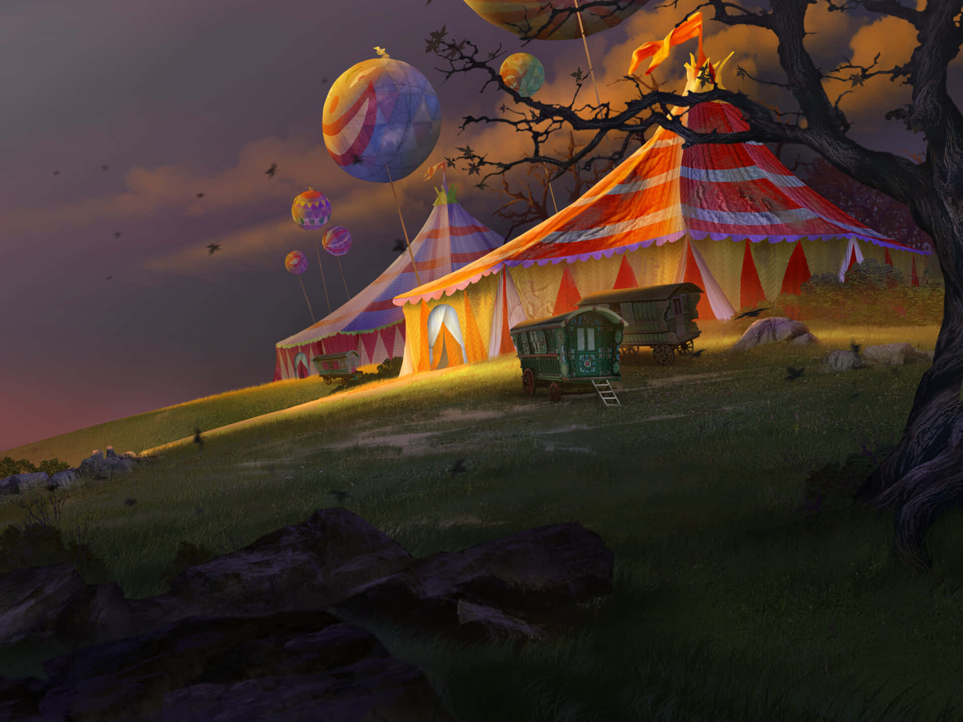 Circus 桌布 壁紙 — 一個奇特的馬戲團，有條紋帳篷和彩色氣球，在黃昏時飄浮在長滿青草的山丘上。