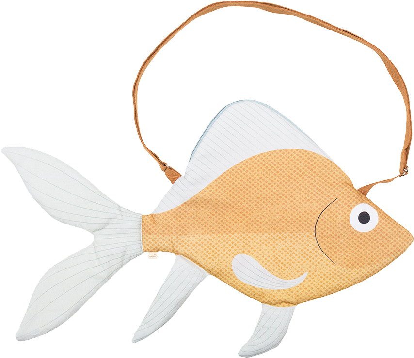金魚 桌布 壁紙 — 一個奇特的魚形手提包，帶有白色魚鰭和淺褐色身體，具有點狀紋理和簡單的笑臉。