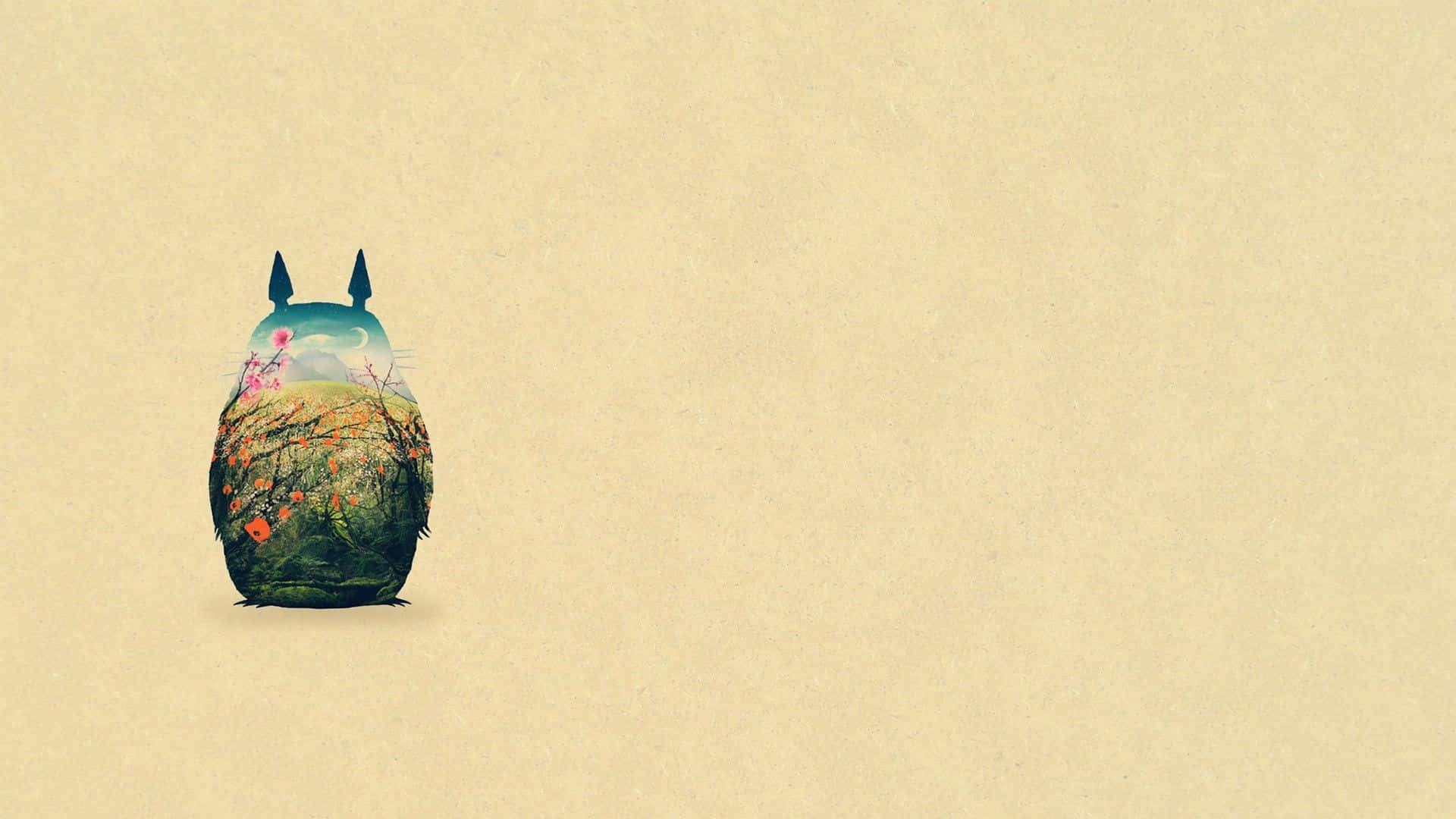 pusheen 動圖 桌布 壁紙 — 一個奇特的龍貓公仔，背上繪有森林和天空的場景，獨自站在米色背景前。