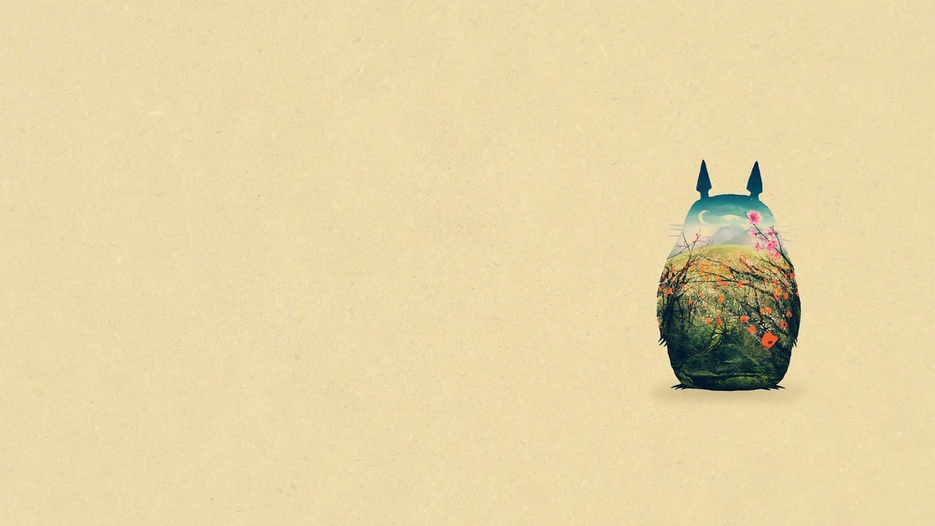my neighbor totoro 桌布 壁紙 — 一個奇特的龍貓公仔，體內有花卉景觀和月亮，獨自站在米色紋理背景前。