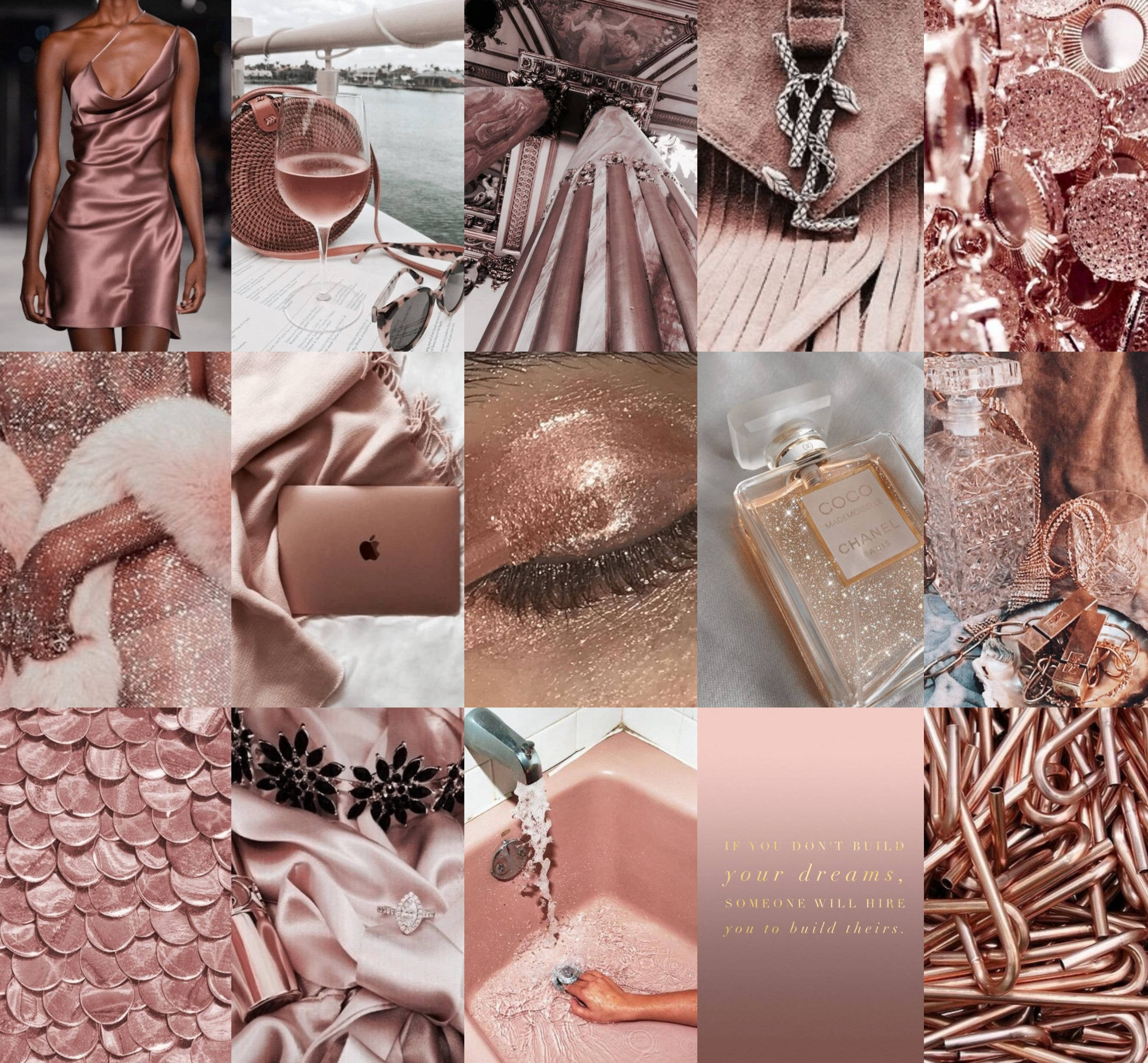 Chanel Aesthetic 桌布 壁紙 — 一個奢華的玫瑰金色拼貼，包含時尚配件、香水和生活風格物品，呈現和諧溫暖的色調。