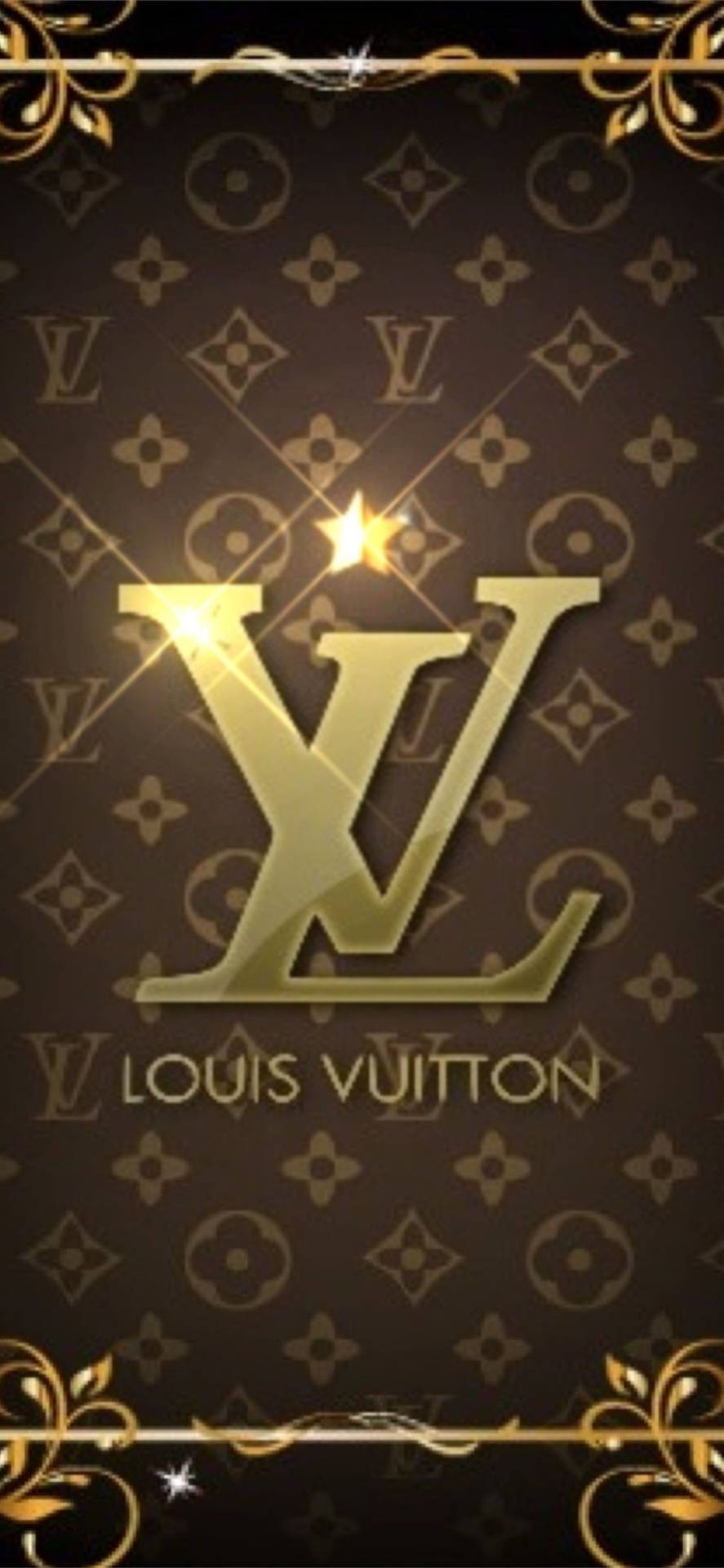 金色 Louis Vuitton 標誌在字母組合背景上，帶有華麗的金色邊框。