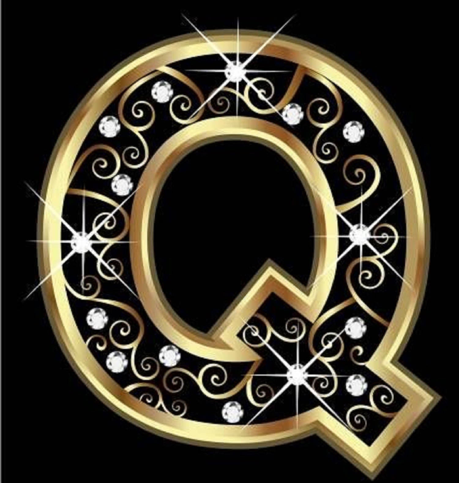 q 桌布 壁紙 — 一個奢華的金色字母Q，飾有閃爍的鑽石和複雜的漩渦，背景為黑色。