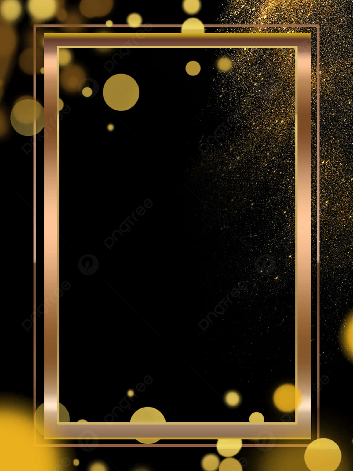 High Resolution Gold 桌布 壁紙 — 一個奢華的金色相框，帶有閃爍的粒子和散景燈光，背景為黑色。