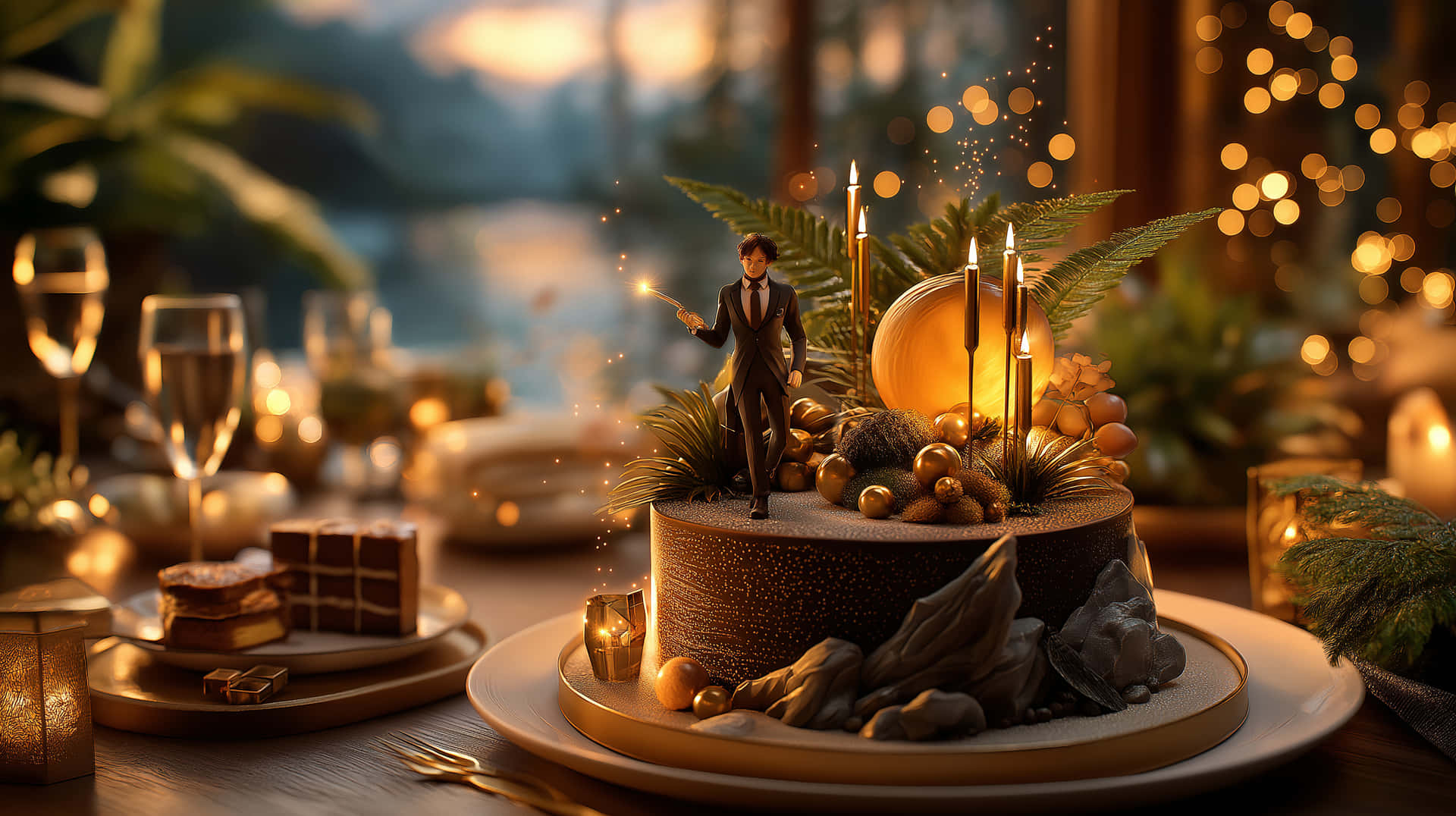 Elegant Birthday Cake with Miniature Gentleman and Candles 壁紙 — 一個奢華的金色蛋糕，上面裝飾著一個穿著燕尾服的微型人物手持煙火，周圍環繞著蠟燭和樹葉，擺放在佈置好的桌子上。