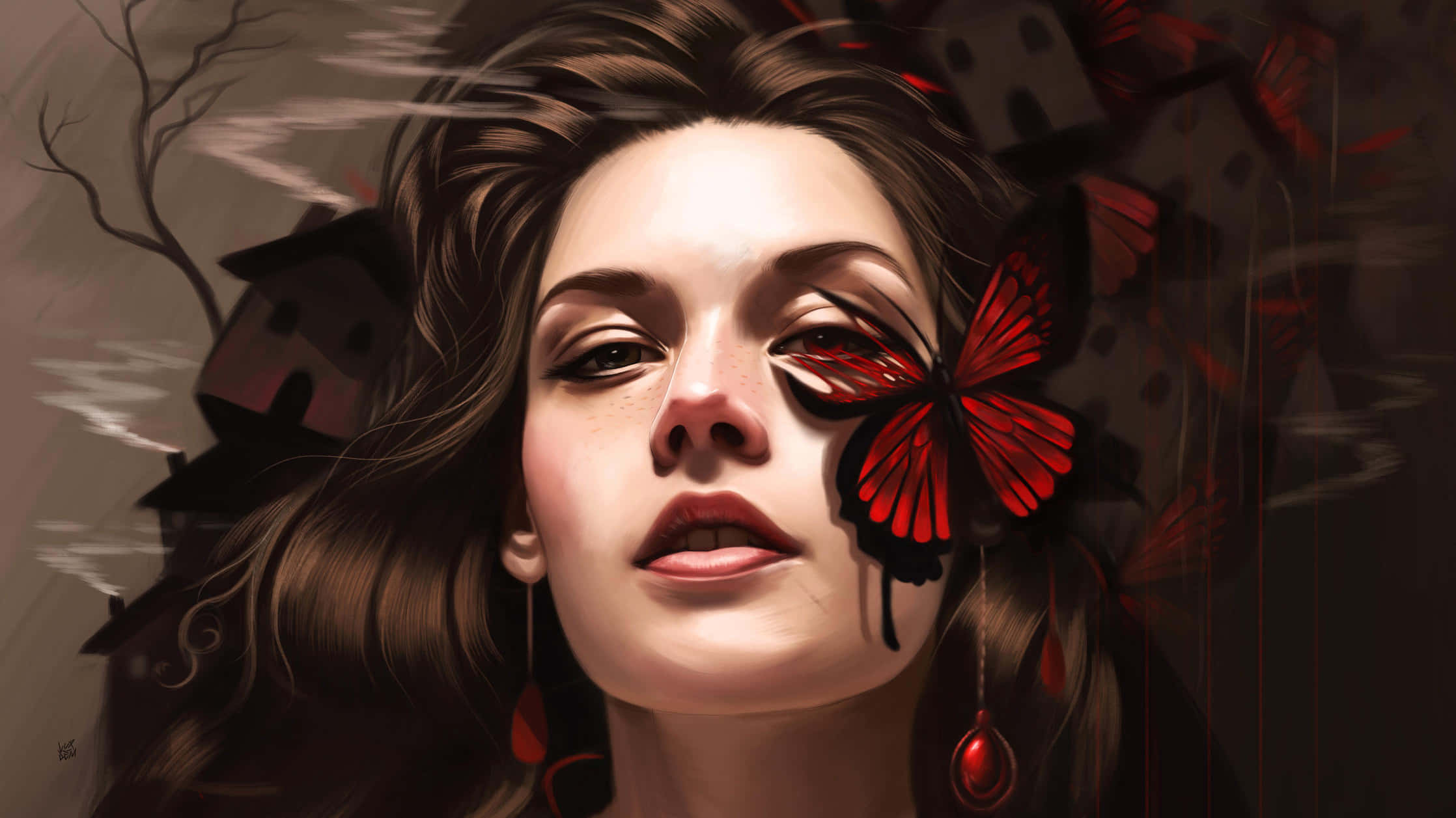 奇幻藝術 桌布 壁紙 — 一個女人，一隻紅色蝴蝶停在她的眼睛上，她向前凝視，身後是黑暗的房屋和光禿禿的樹木。
