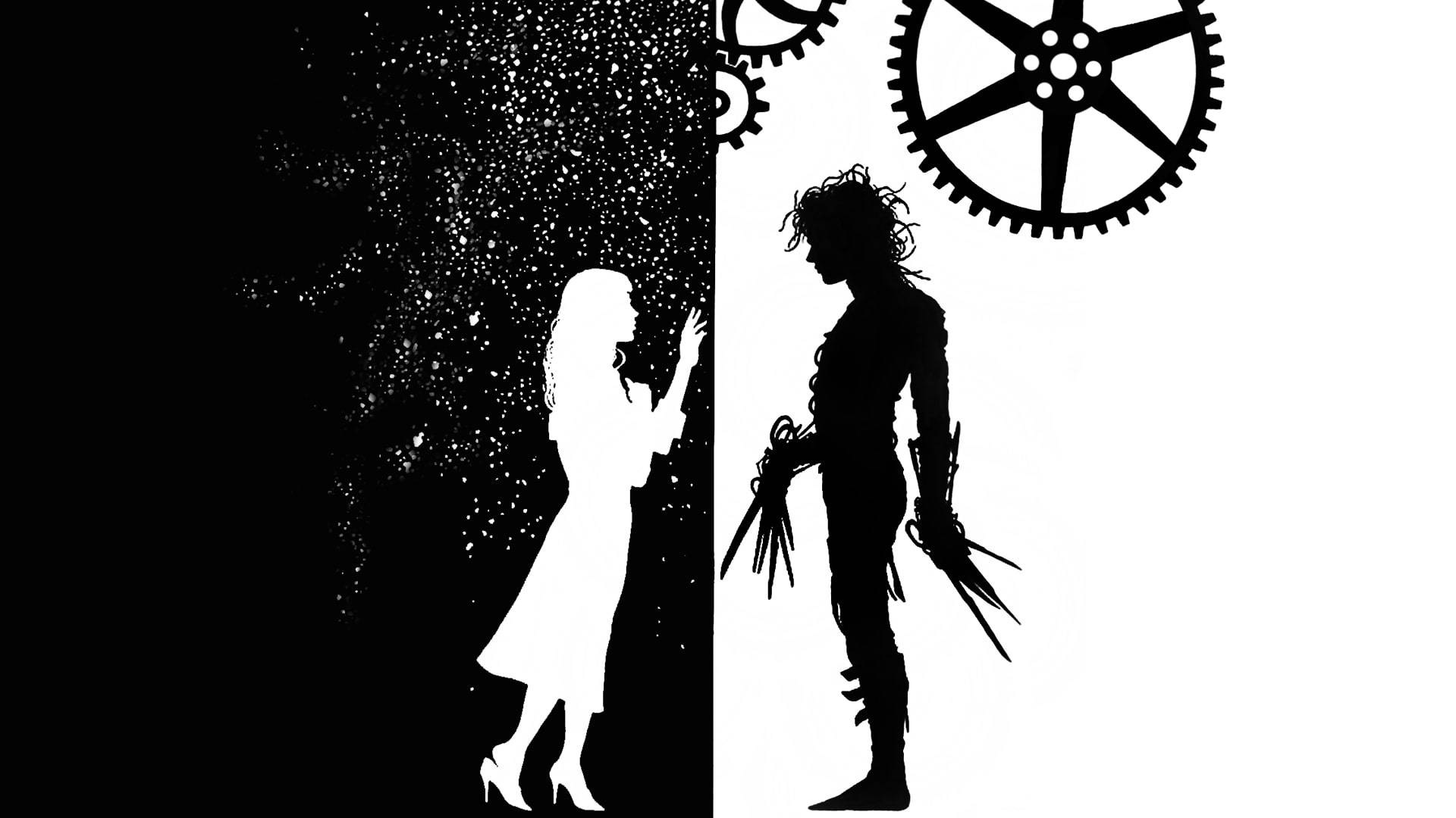 Edward Scissorhands 桌布 壁紙 — 一個女人向一個機械男人伸手的鮮明黑白剪影，他們上方有齒輪。