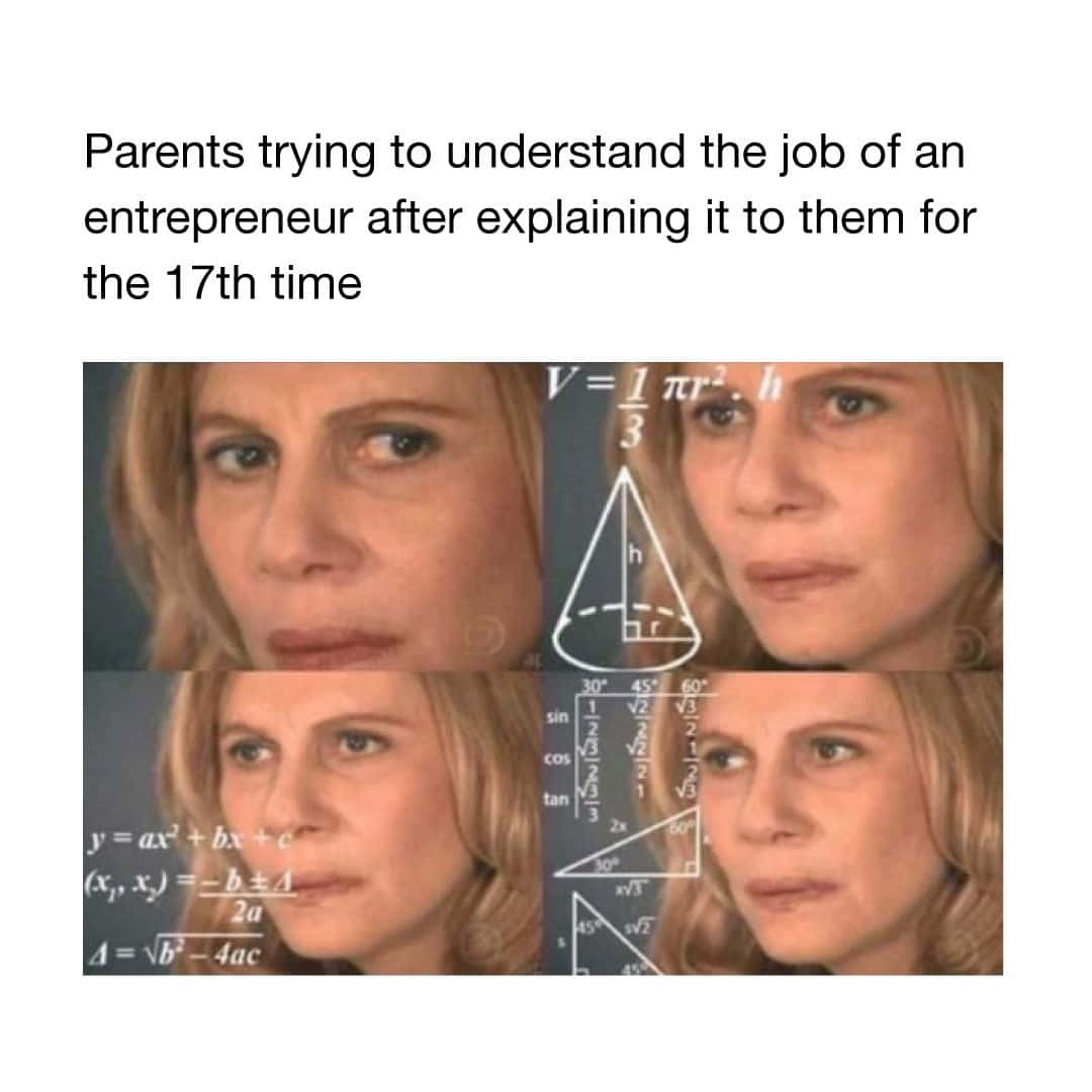 Entrepreneurial Memes 桌布 壁紙 — 一個女人困惑的表情，配上數學公式和幾何圖表，描繪父母對創業的沮喪。