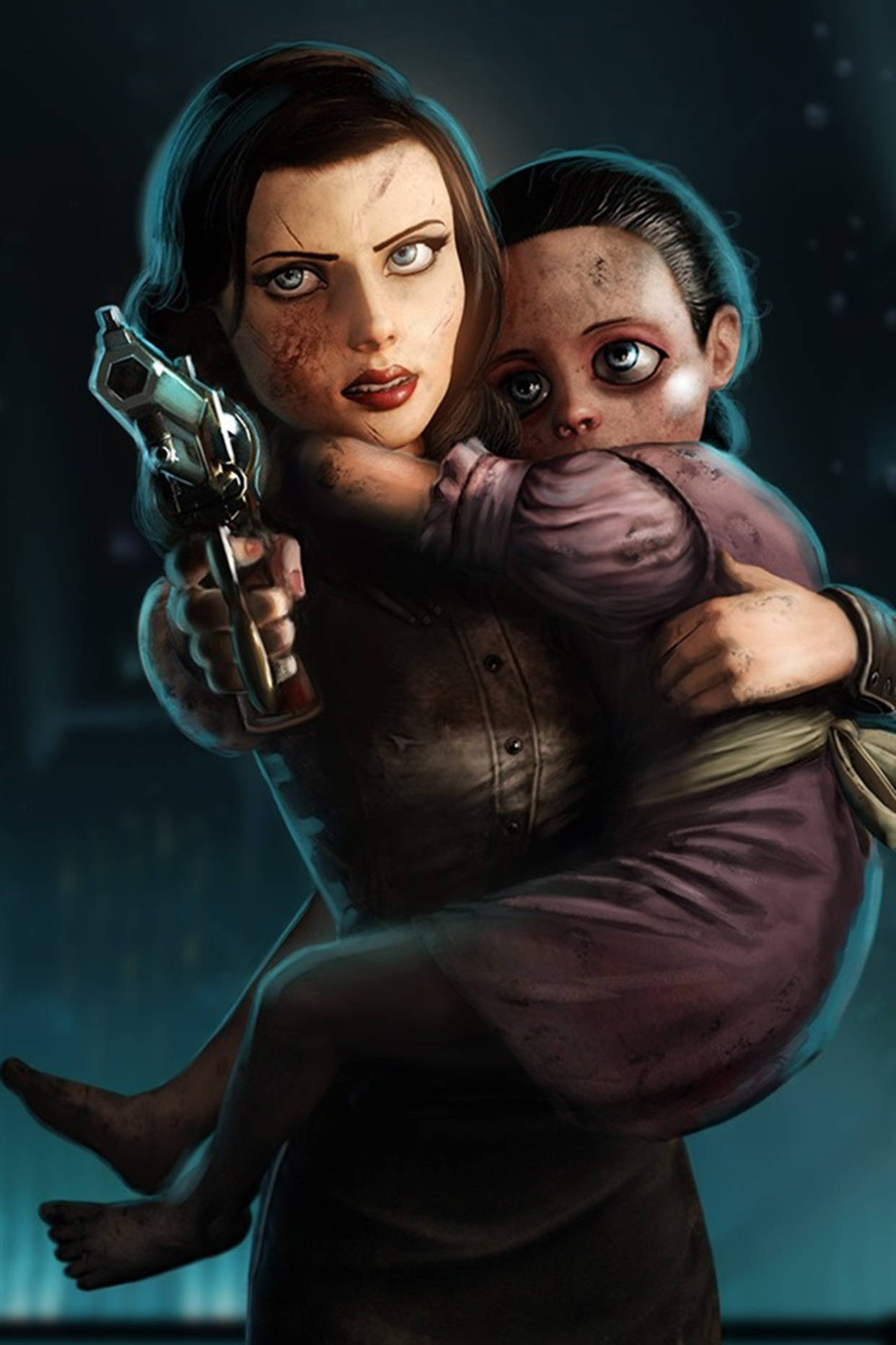 Bioshock Infinite iPhone 桌布 壁紙 — 一個女人拿著槍，抱著一個蒼白的孩子，在深藍色燈光的場景中，表情強烈。
