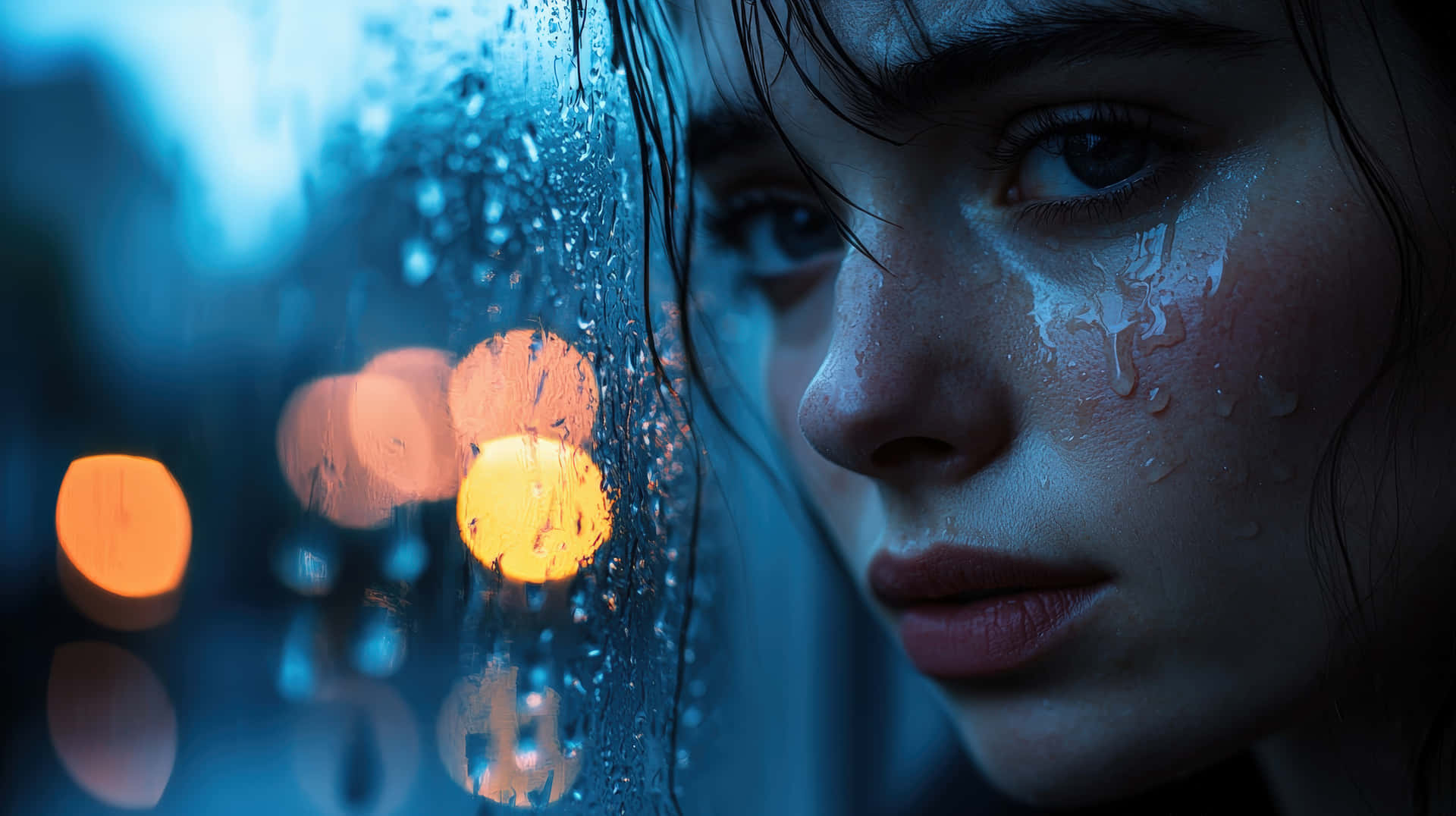 A close-up portrait of a young woman with teary eyes gazing through a rain-covered window 壁紙 — 一個女人淚流滿面的臉龐透過被雨水打濕的窗戶凝視，外面模糊的橙色城市燈光閃爍。