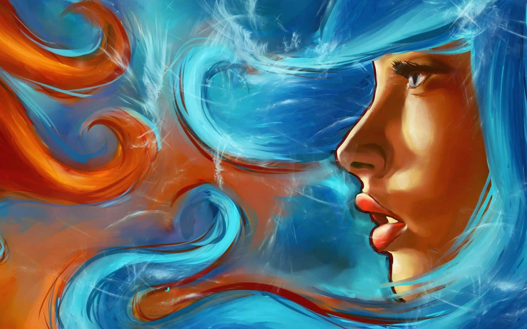 Painting 桌布 壁紙 — 一個女人的側臉，被旋轉的藍色和橙色抽象能量流包圍。