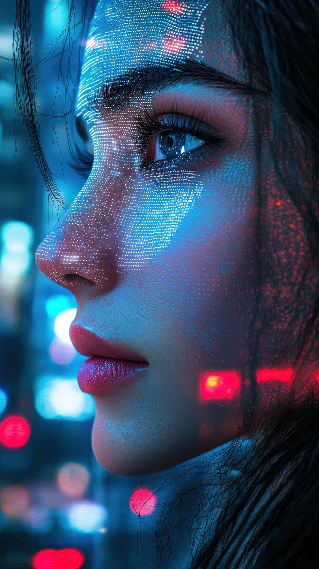 A futuristic cyberpunk-style portrait of a woman with digital face mapping and glonwing neon lights 壁紙 — 一個女人的側臉在模糊的霓虹城市景觀中閃爍著藍色和紅色的數位點。