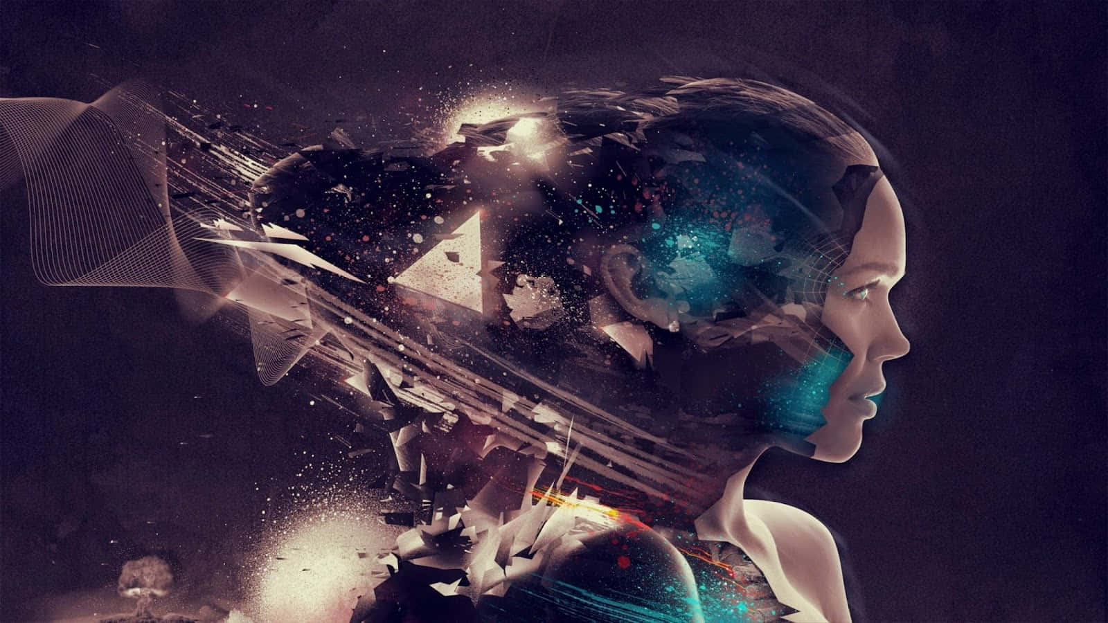 Woman 桌布 壁紙 — 一個女人的側面，宇宙粒子和幾何碎片從她的頭部爆炸出來，背景是深色的。