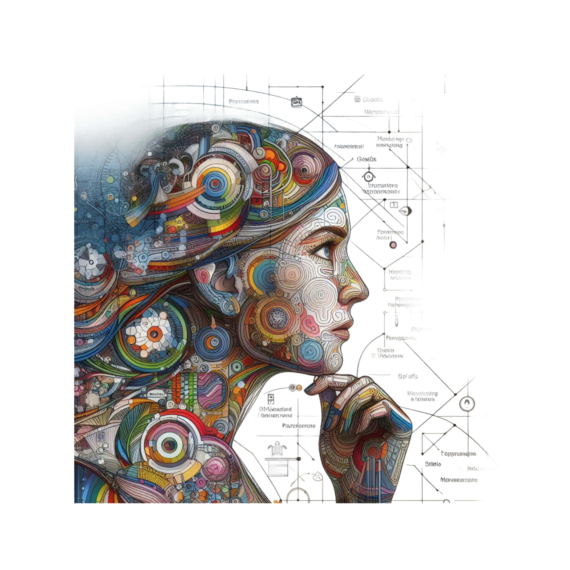A colorful puzzle with many different objects, including a book, a spoon 壁紙 — 一個女人的側面，帶有色彩繽紛、複雜的大腦設計和技術示意圖，覆蓋在她的頭部和手上。