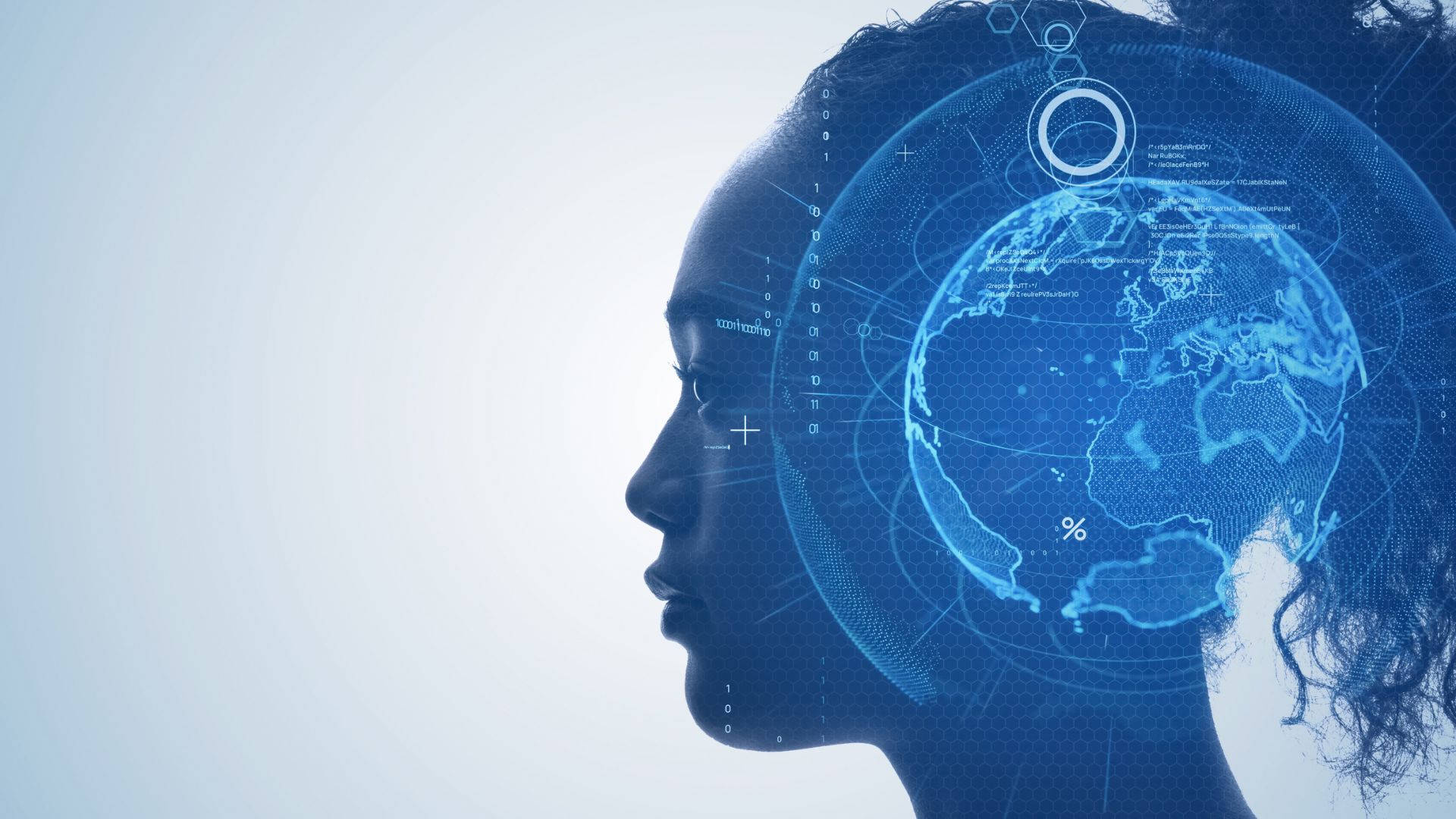 mind 桌布 壁紙 — 一個女人的側面，發光的藍色全息地球和數據疊加從她的頭部浮現，背景是柔和的漸變色。