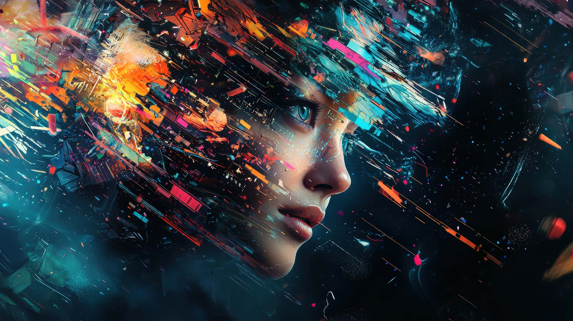 Abstract portrait of a woman merging with vibrant digital elements. 壁紙 — 一個女人的側面從充滿活力的數位像素和發光碎片的風暴中浮現，背景是黑暗的宇宙。