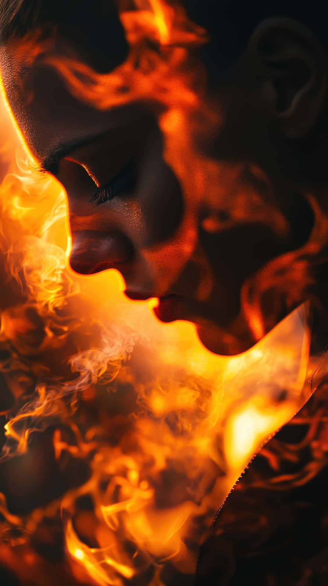 A close-up portrait of a woman with intense fire and smoke engulfing her face 壁紙 — 一個女人的側面臉龐在黑暗背景下被鮮豔的橙色和黃色火焰及煙霧部分吞噬。