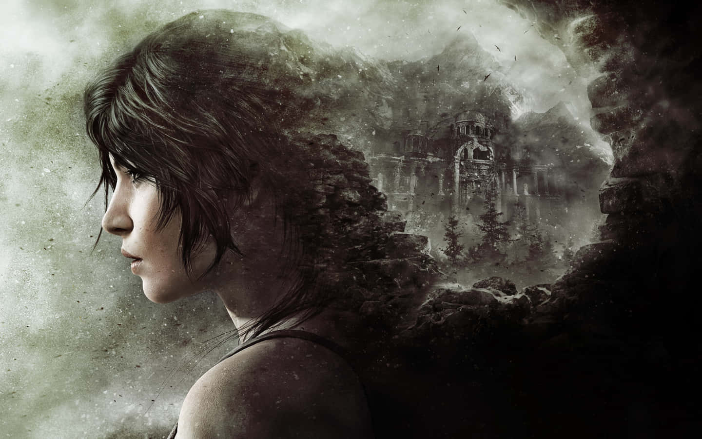 Rise Of The Tomb Raider 桌布 壁紙 — 一個女人的側面與霧氣瀰漫的廢墟景觀融合，形成一幅令人難忘的黑白場景。