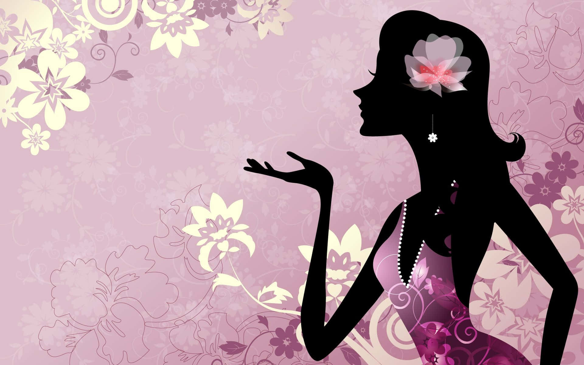 Silhouette 桌布 壁紙 — 一個女人的剪影，頭髮上插著一朵花，背景是花卉圖案的紫色。