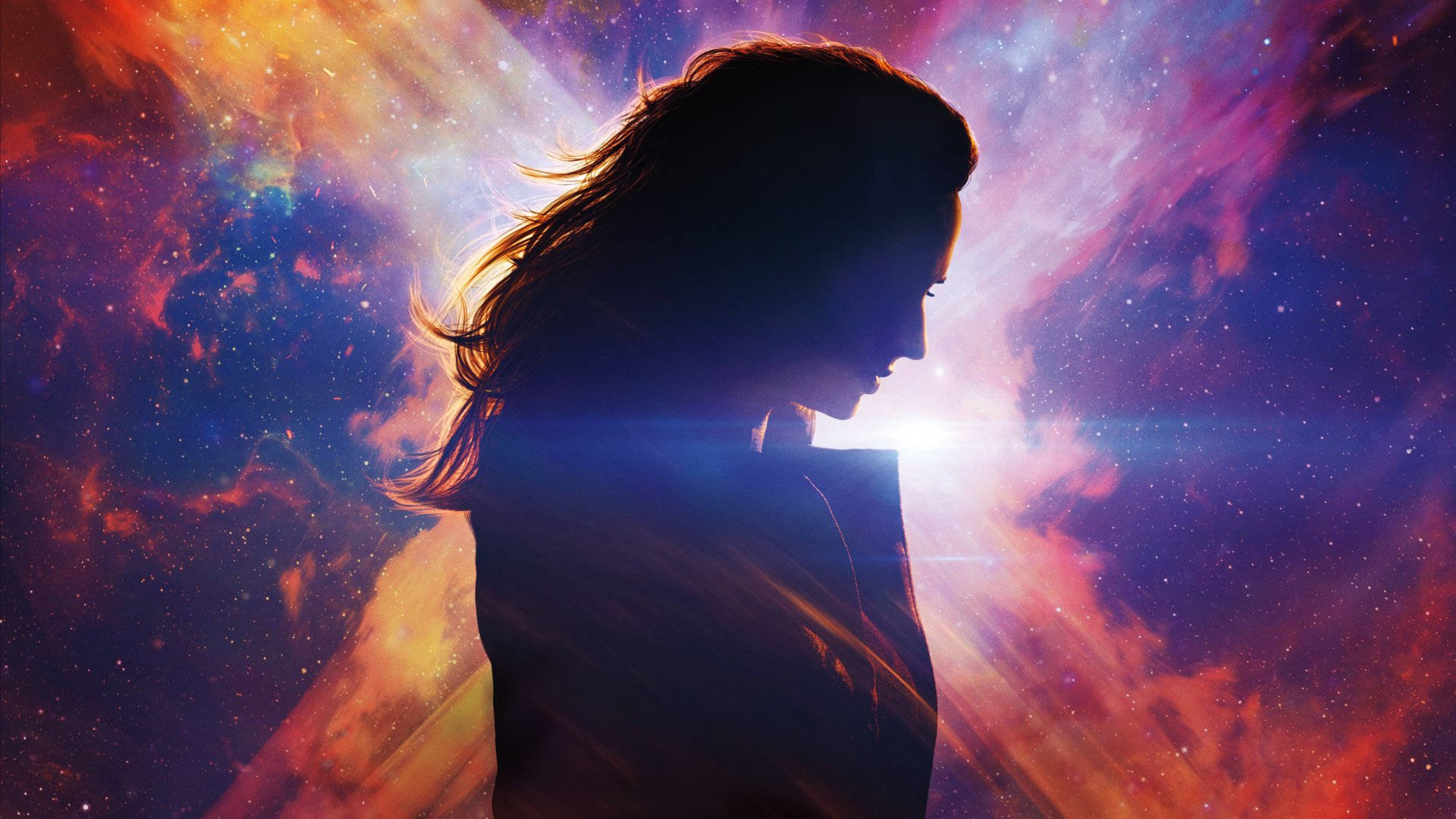 Jean 桌布 壁紙 — 一個女人的剪影凝視著一個充滿活力的宇宙星雲，散發著火熱的橙色和深紫色色調。