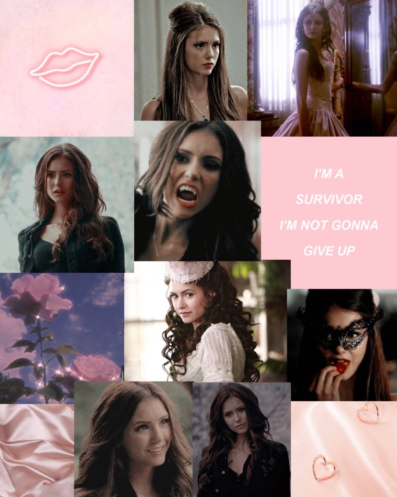 Vampire Diaries 桌布 壁紙 — 一個女人的拼貼畫，以各種戲劇性的姿勢和服裝，帶有粉紅玫瑰和心形圖案。