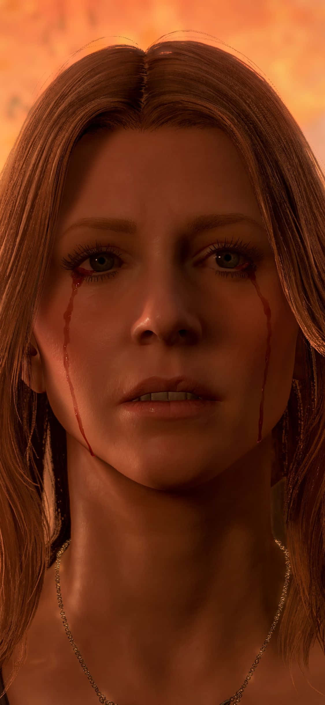 iPhone X Death Stranding 桌布 壁紙 — 一個女人的特寫，血從她的臉頰流下，背景是溫暖的橙色。