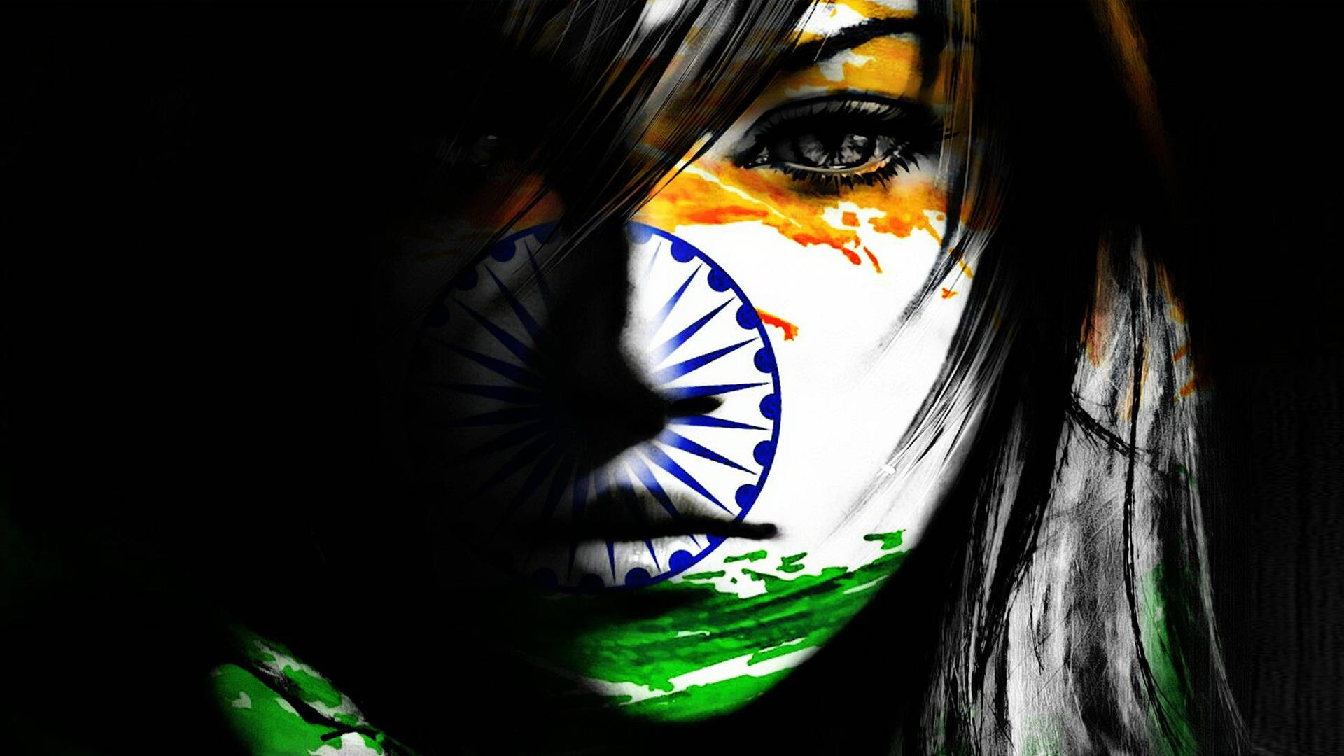 Indian 桌布 壁紙 — 一個女人的臉塗上印度國旗的鮮豔色彩，背景為深色。