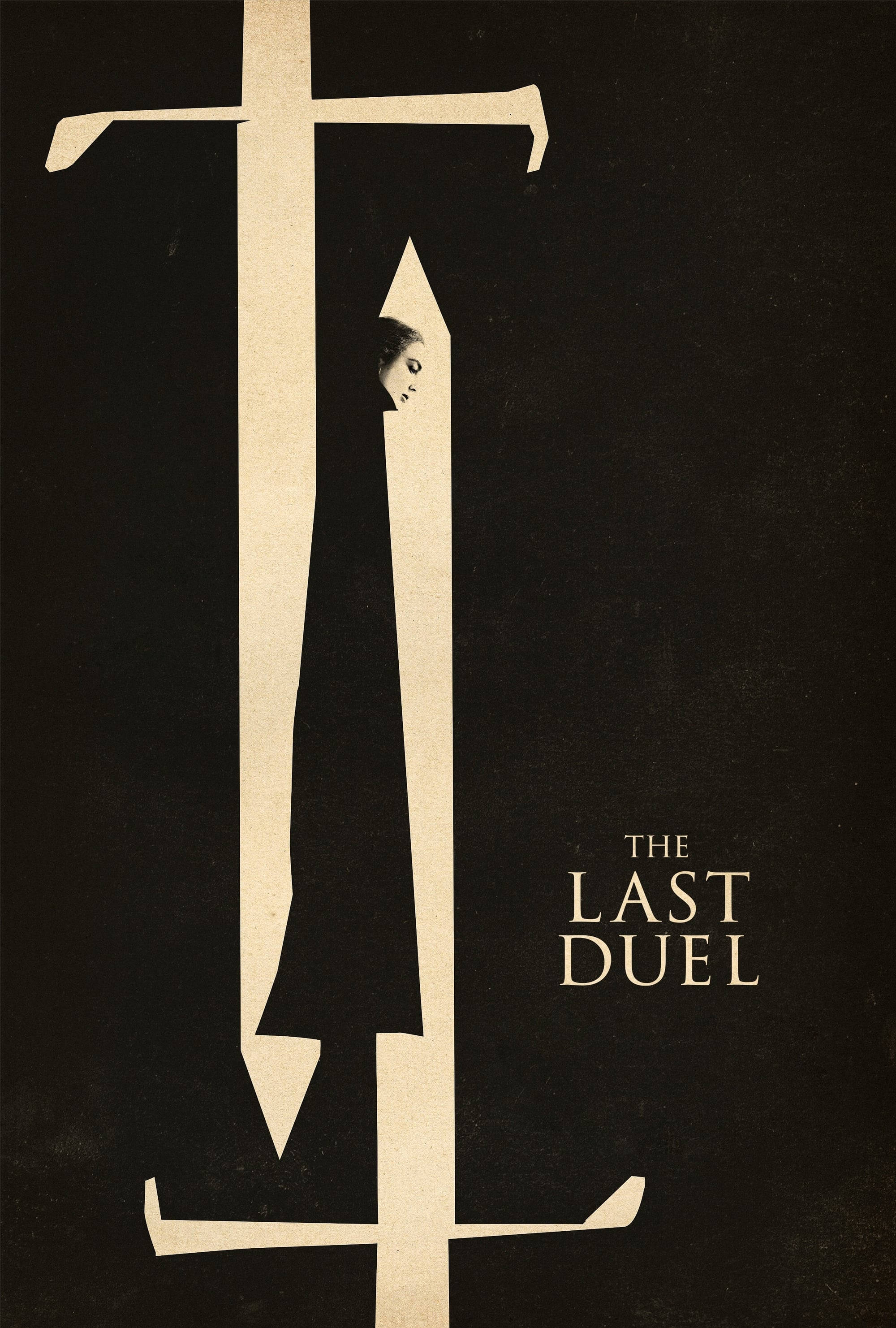 Duel 桌布 壁紙 — 一個女人的臉從一個大型風格化字母T內窺視，背景為黑色，標題The Last Duel以金色呈現。