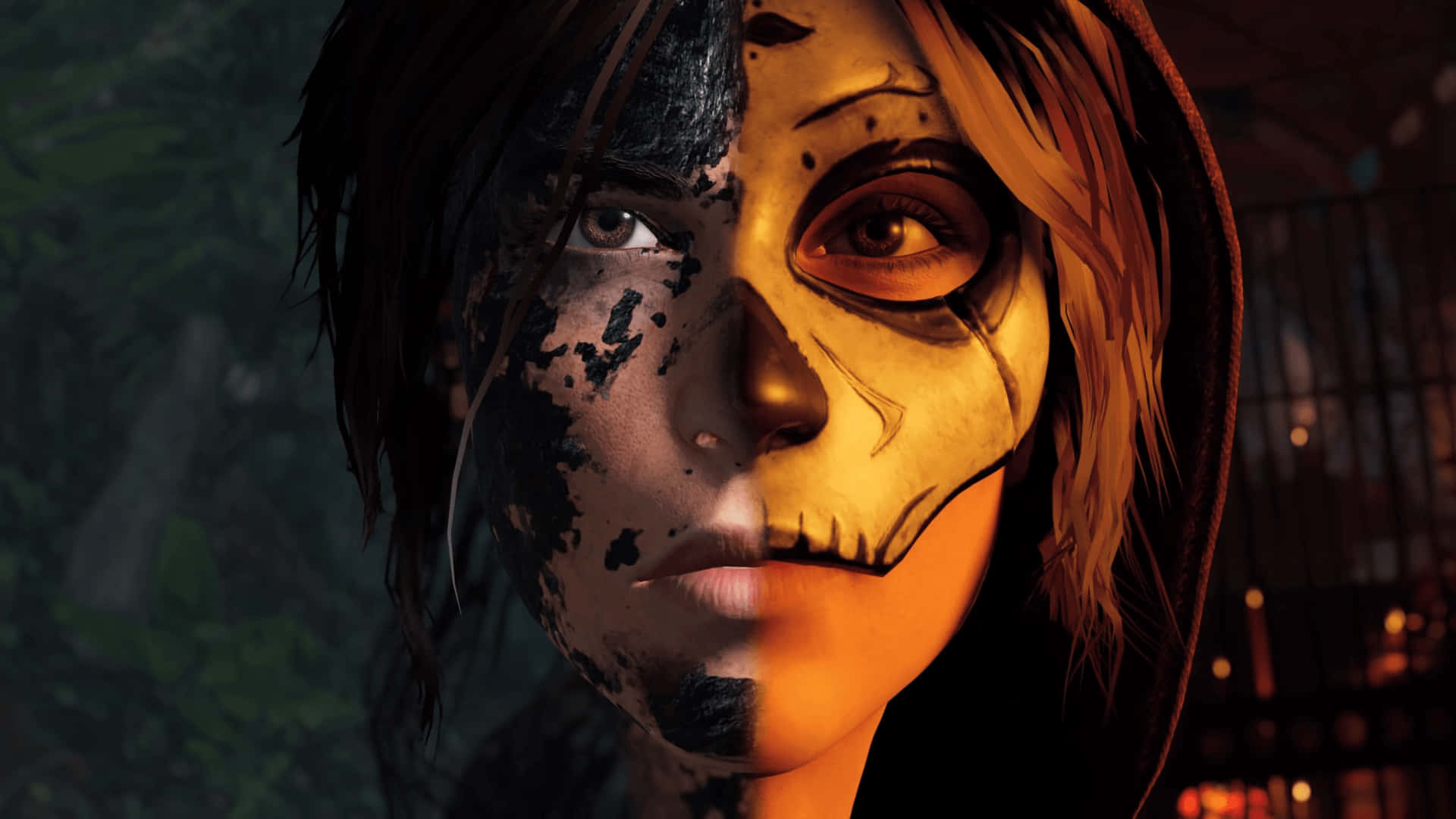 Best Shadow Of The Tomb Raider 桌布 壁紙 — 一個女人的臉從中間分開，一半畫成骷髏，另一半畫成血肉，在昏暗的森林環境中被溫暖的光線照亮。