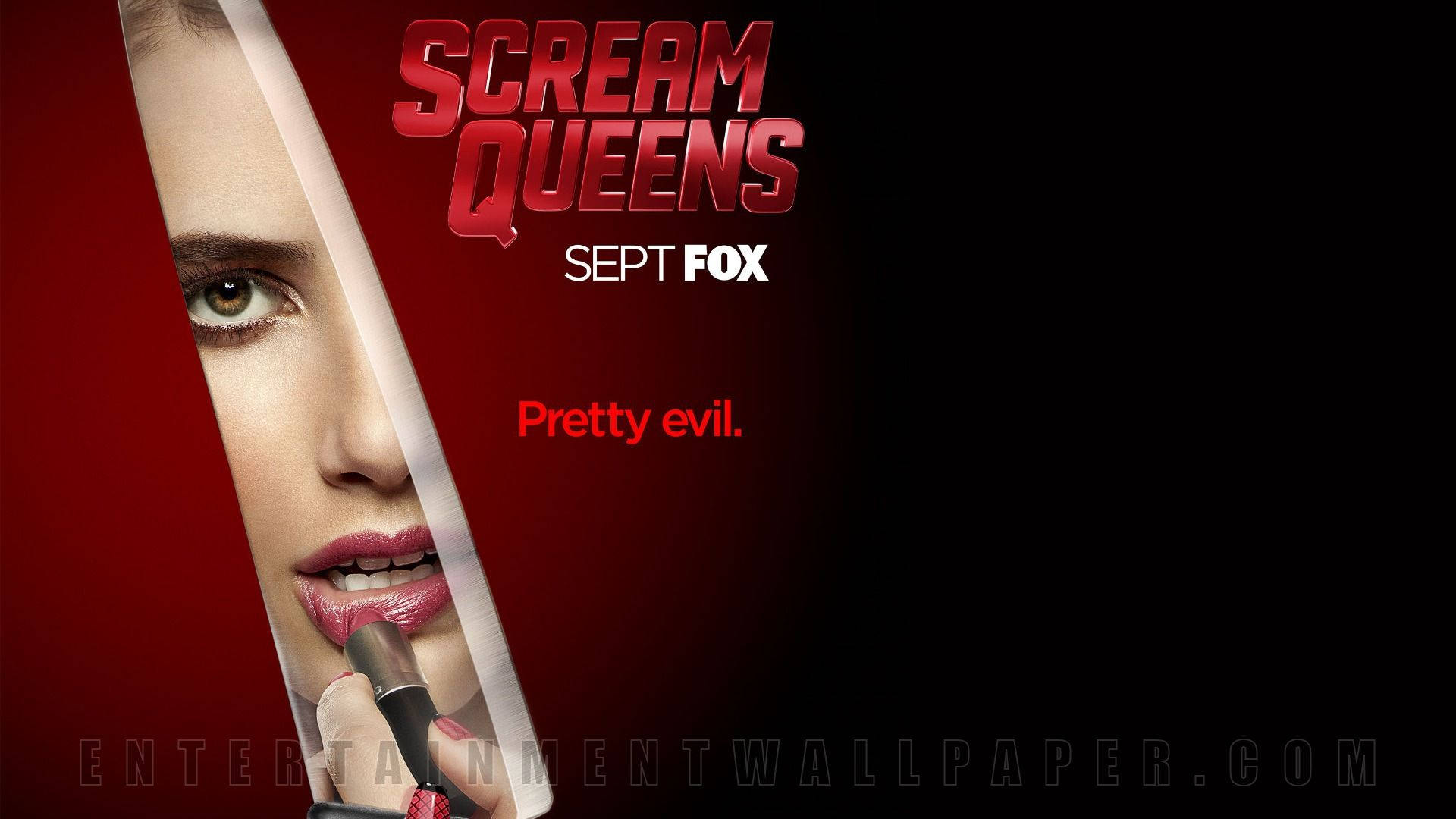 吶喊 桌布 壁紙 — 一個女人的臉從刀片後面窺視，背景為紅色，帶有「Scream Queens」文字。