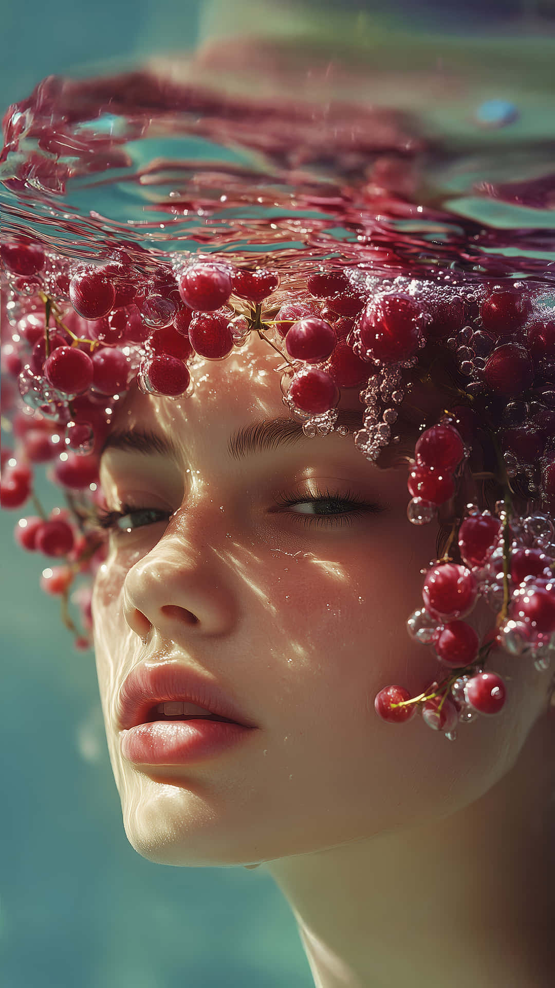 Crimson Bloom Beneath the Surface 壁紙 — 一個女人的臉從碧綠色的水中浮現，頭頂上裝飾著鮮紅的漿果和氣泡。