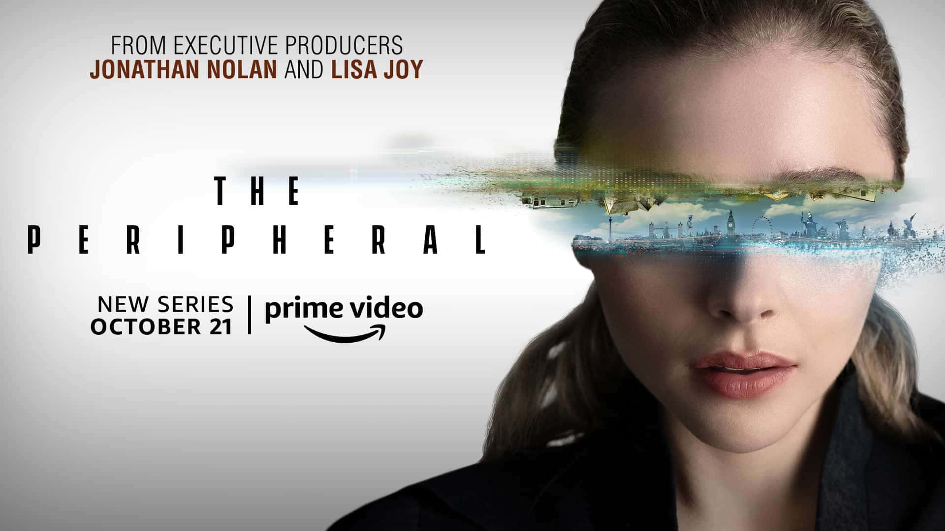 Peripheral 桌布 壁紙 — 一個女人的臉被數位故障分割，露出她眼睛底下的未來城市景觀和風景。
