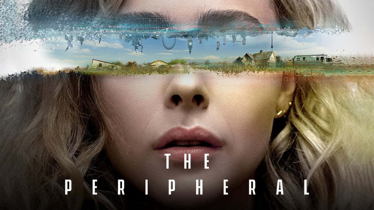 Peripheral 桌布 壁紙 — 一個女人的臉被水平分割，眼睛在水面之上，下方是鄉村景觀，並覆蓋著數位故障效果。