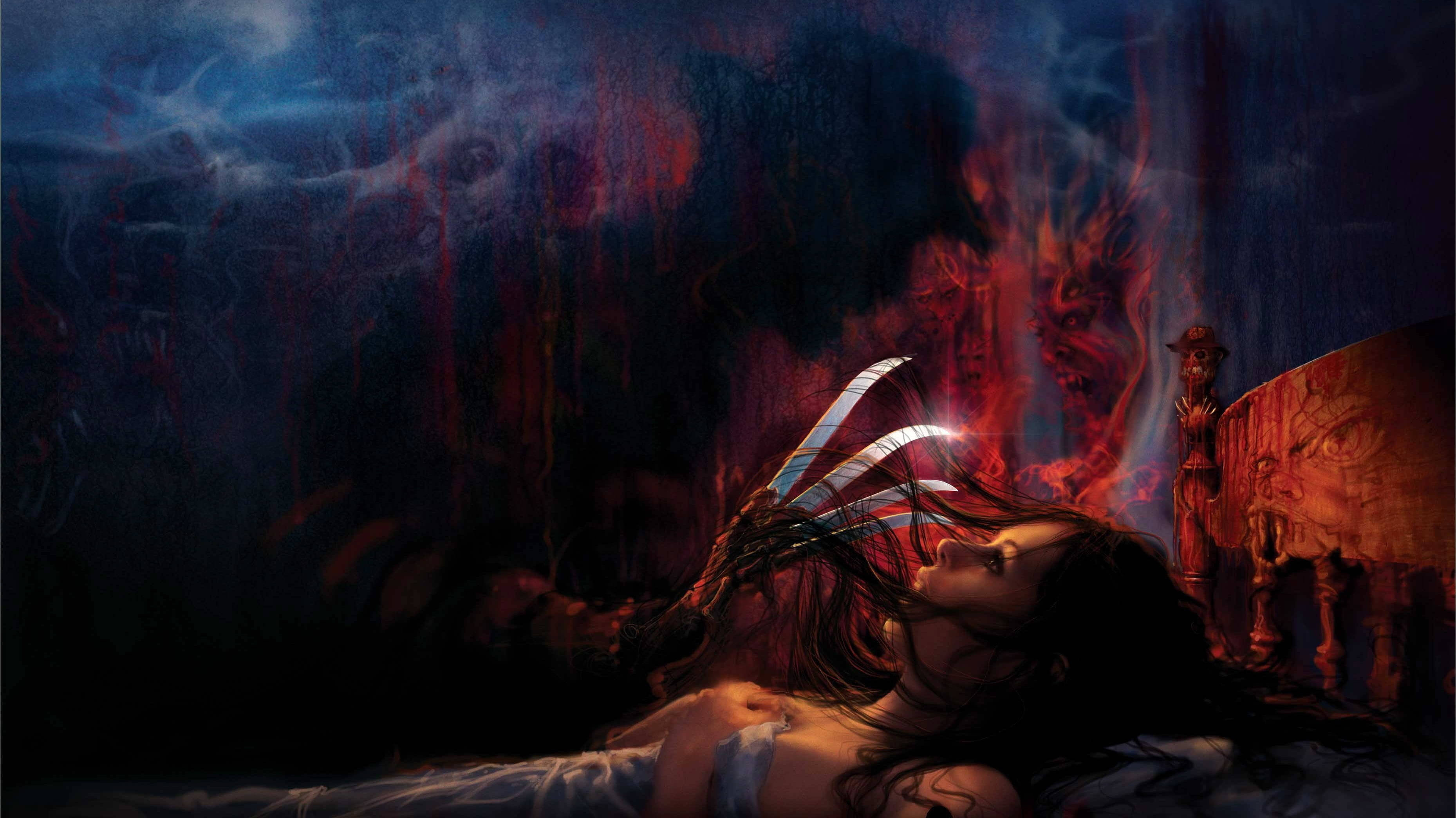 Freddy 桌布 壁紙 — 一個女人脆弱地躺著，惡魔般的身影從旋轉的紅色和藍色陰影中浮現，場景黑暗而不祥。