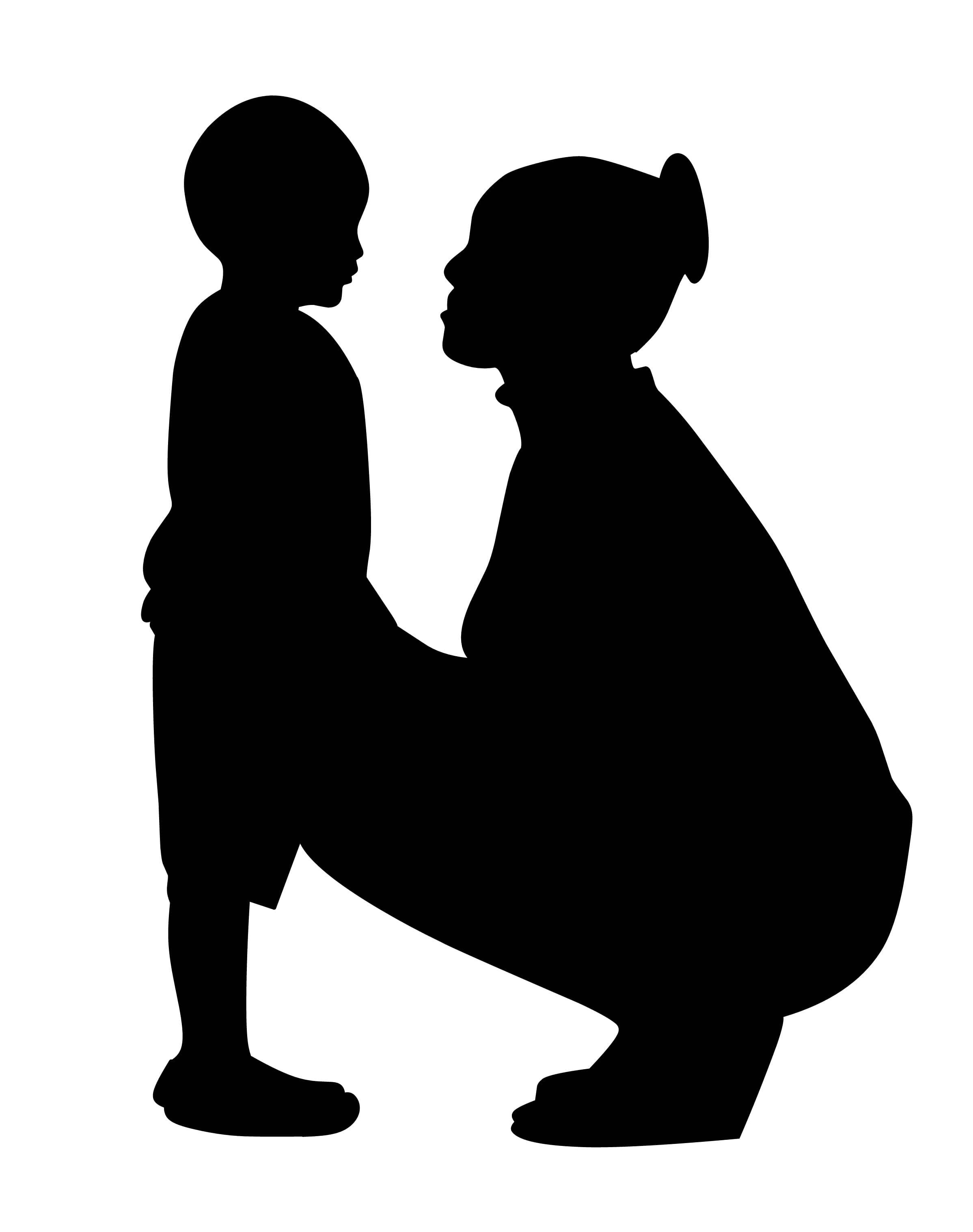 Family 桌布 壁紙 — 一個女人蹲下來與一個孩子面對面的剪影，背景為純白色。
