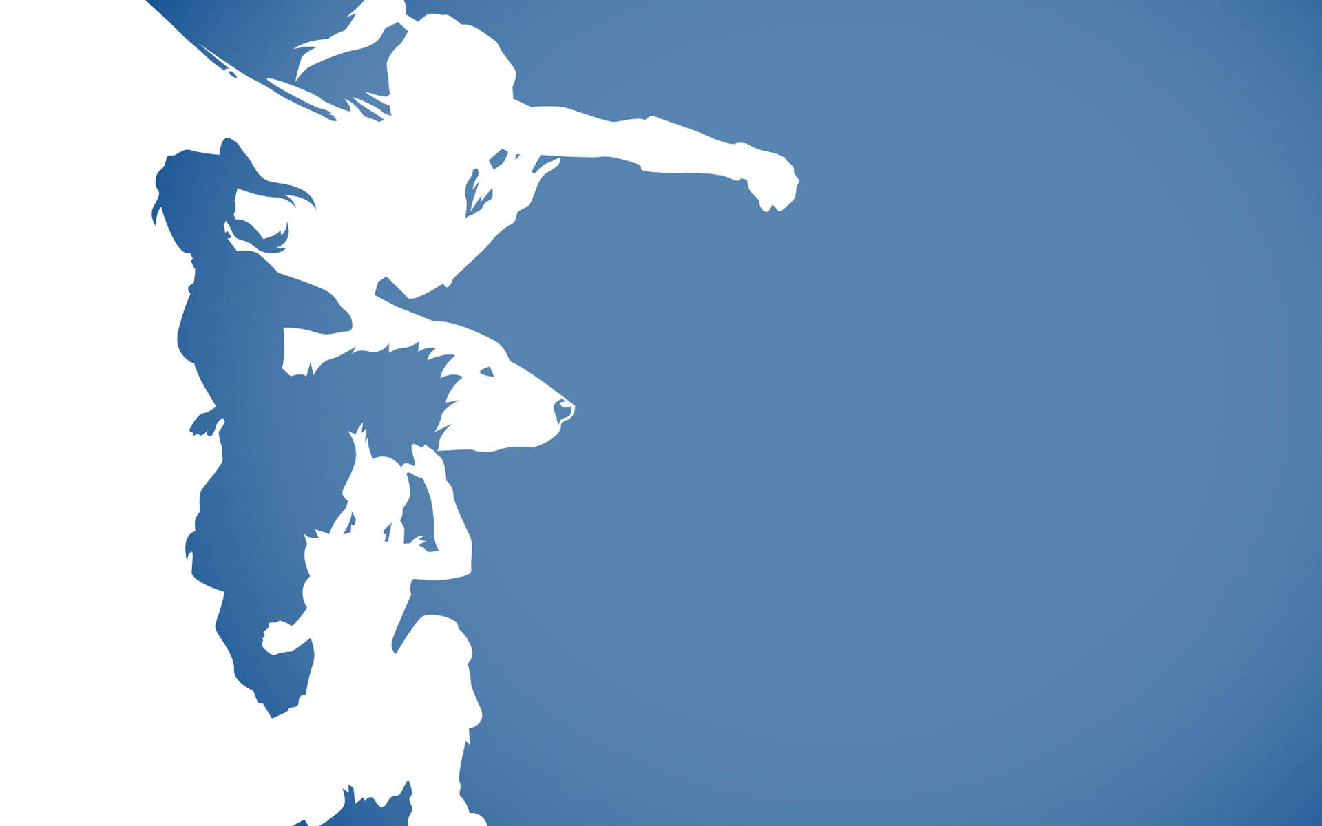 Korra 桌布 壁紙 — 一個女孩、一隻狗和一個小孩的白色剪影在純藍色背景上動態跳躍。