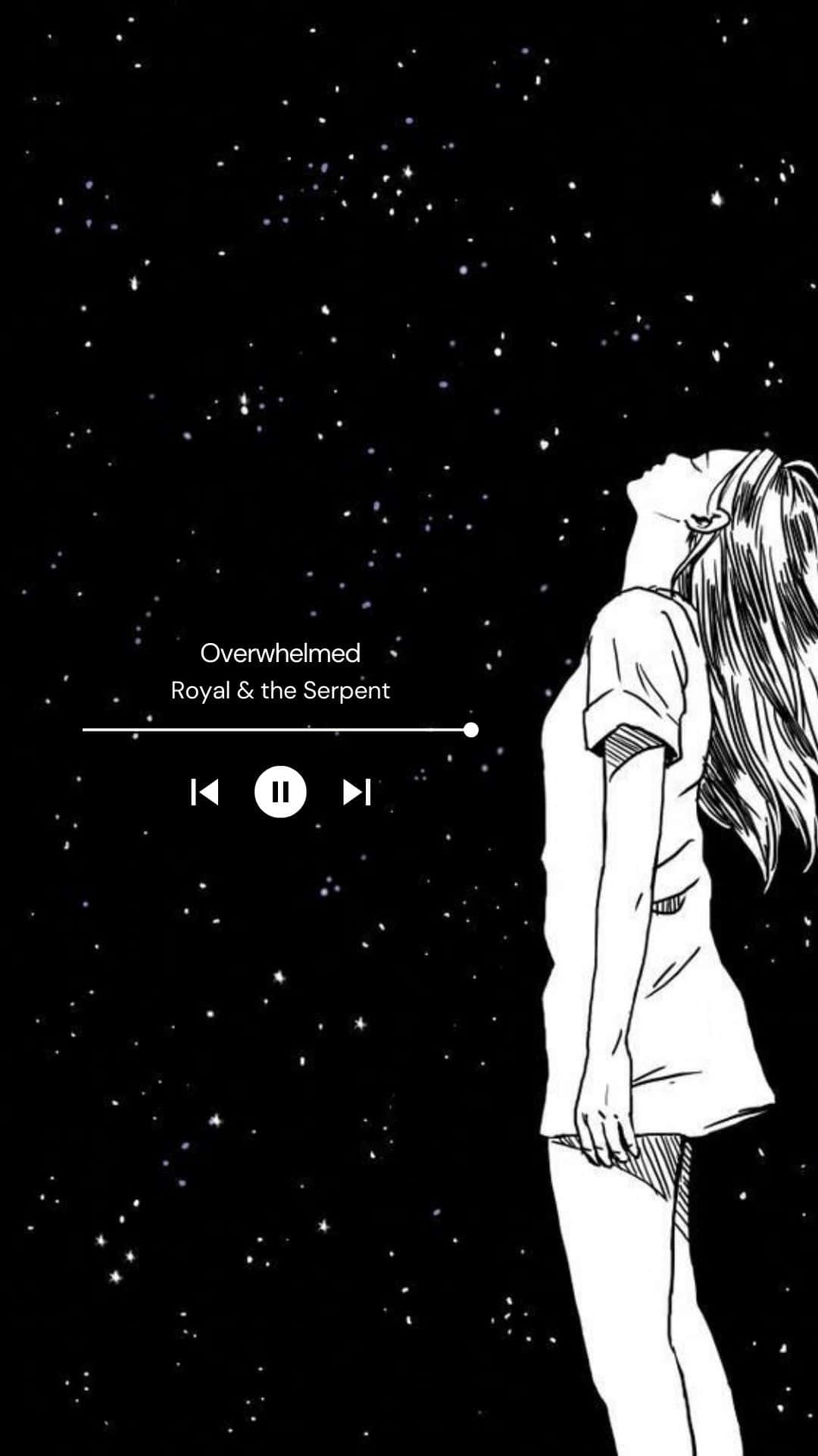 音樂 桌布 壁紙 — 一個女孩仰望星空，音樂播放器顯示Royal & the Serpent的歌曲Overwhelmed。