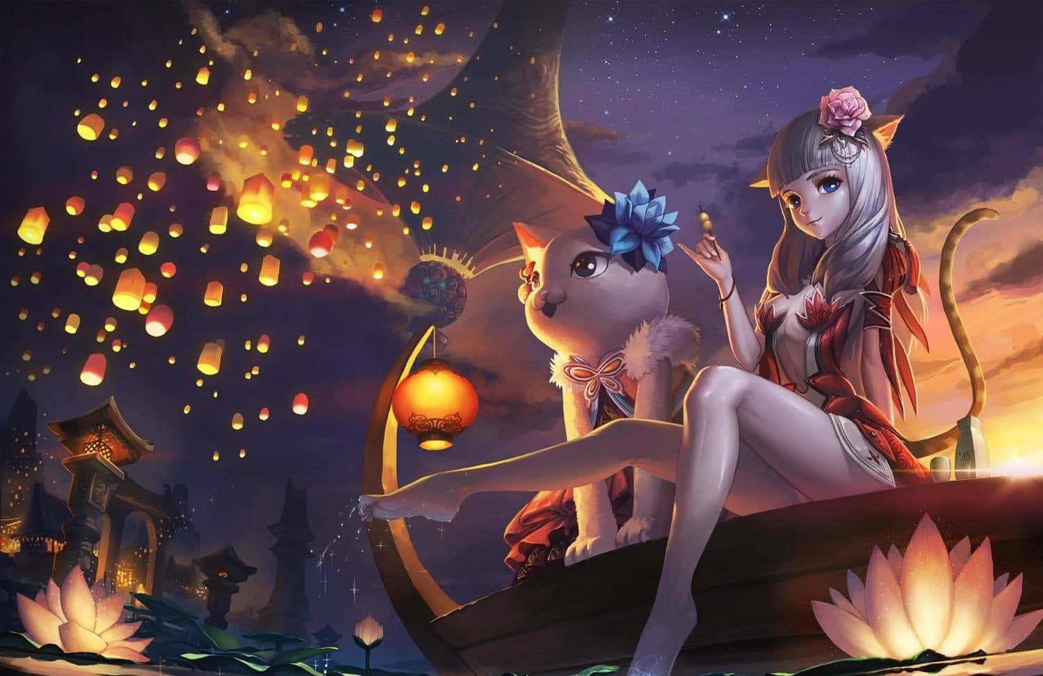 電玩遊戲 桌布 壁紙 — 一個女孩和一隻貓在船上，在滿天繁星的暮色天空下釋放發光的燈籠，伴隨著蓮花。