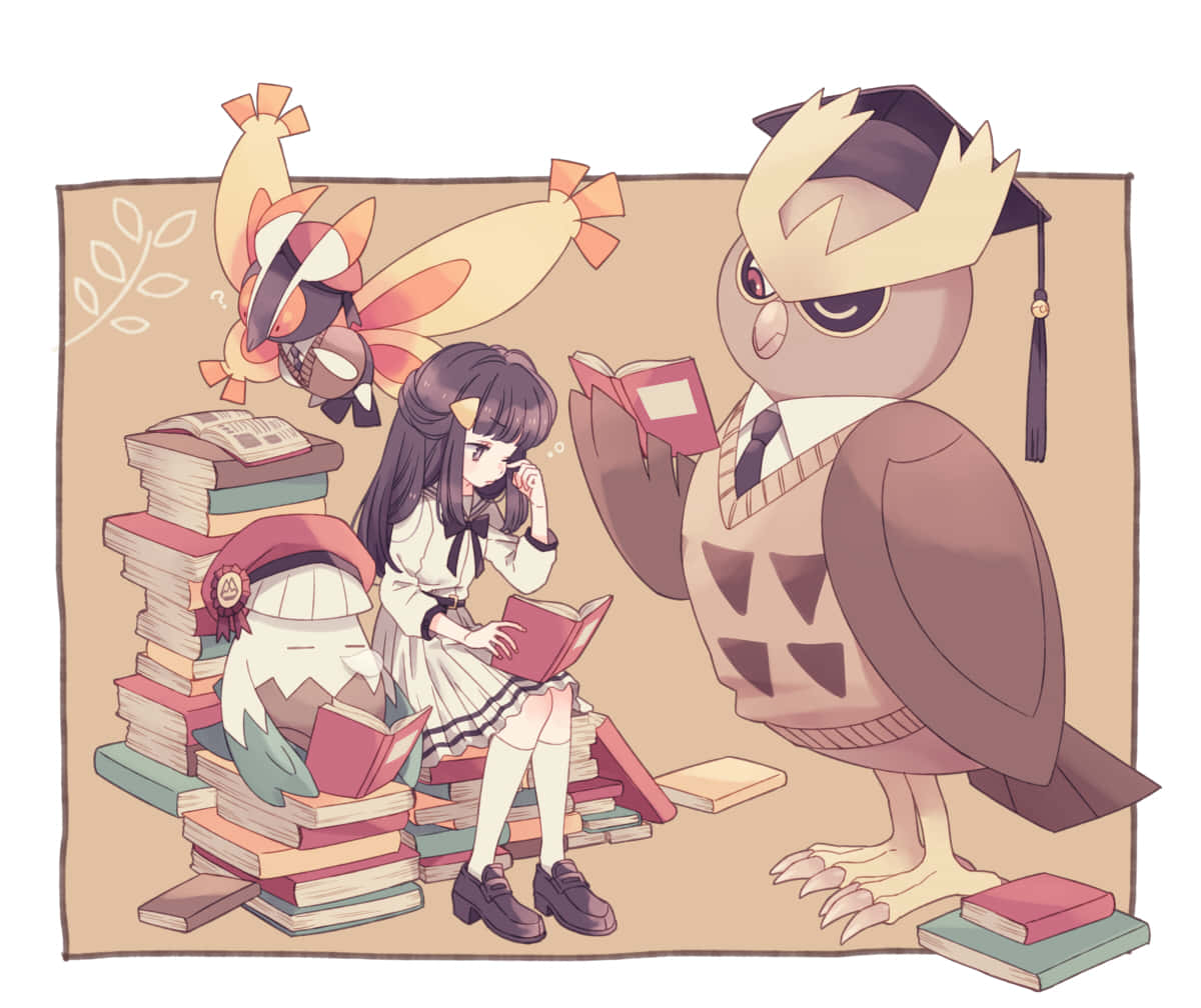 Noctowl 桌布 壁紙 — 一個女孩和兩個貓頭鷹般的生物穿著學術服裝，在色彩繽紛的書堆中閱讀書籍。