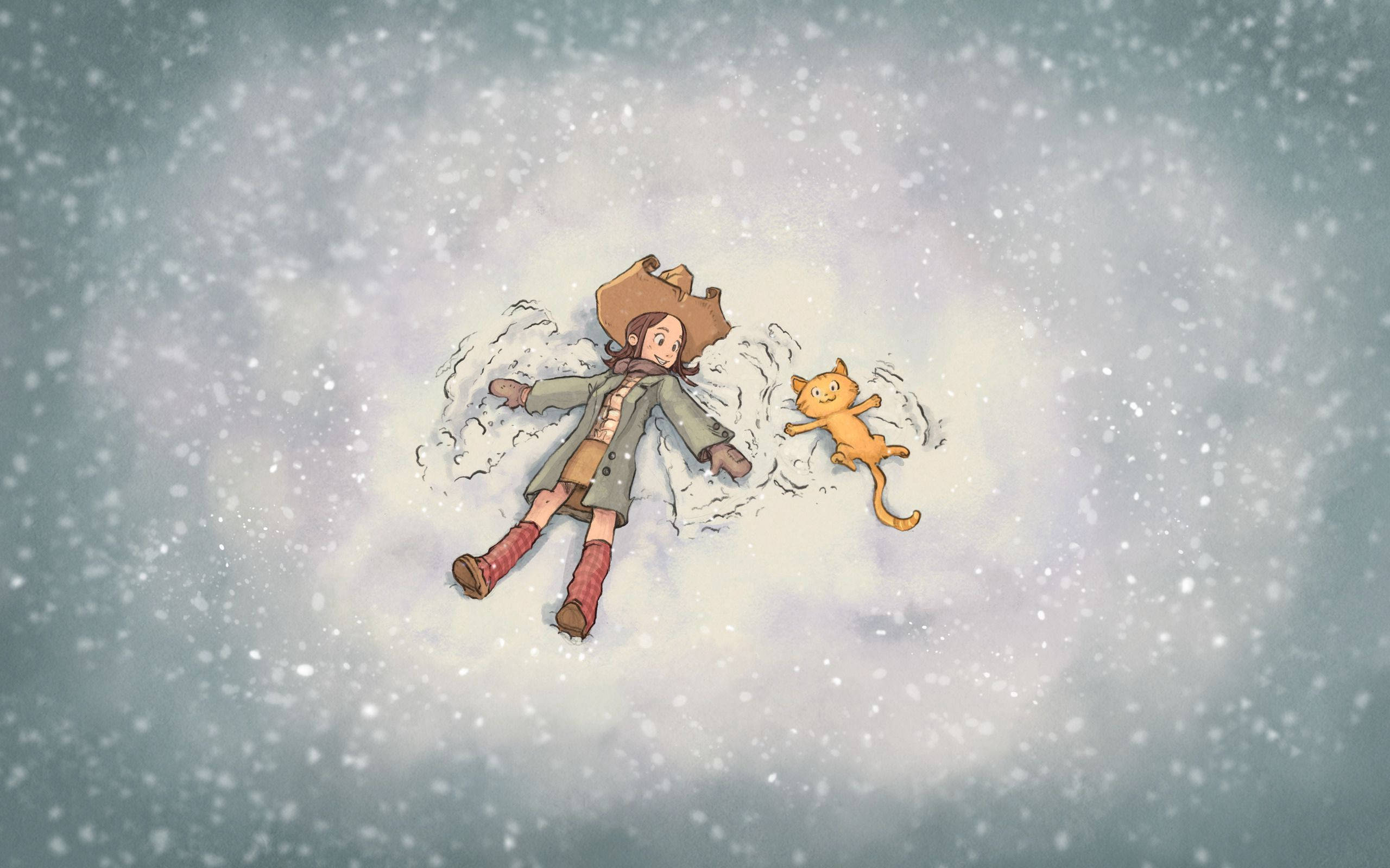 Friendship 桌布 壁紙 — 一個女孩和她的橘色貓在柔和的灰天下，在輕柔的降雪中做雪天使。