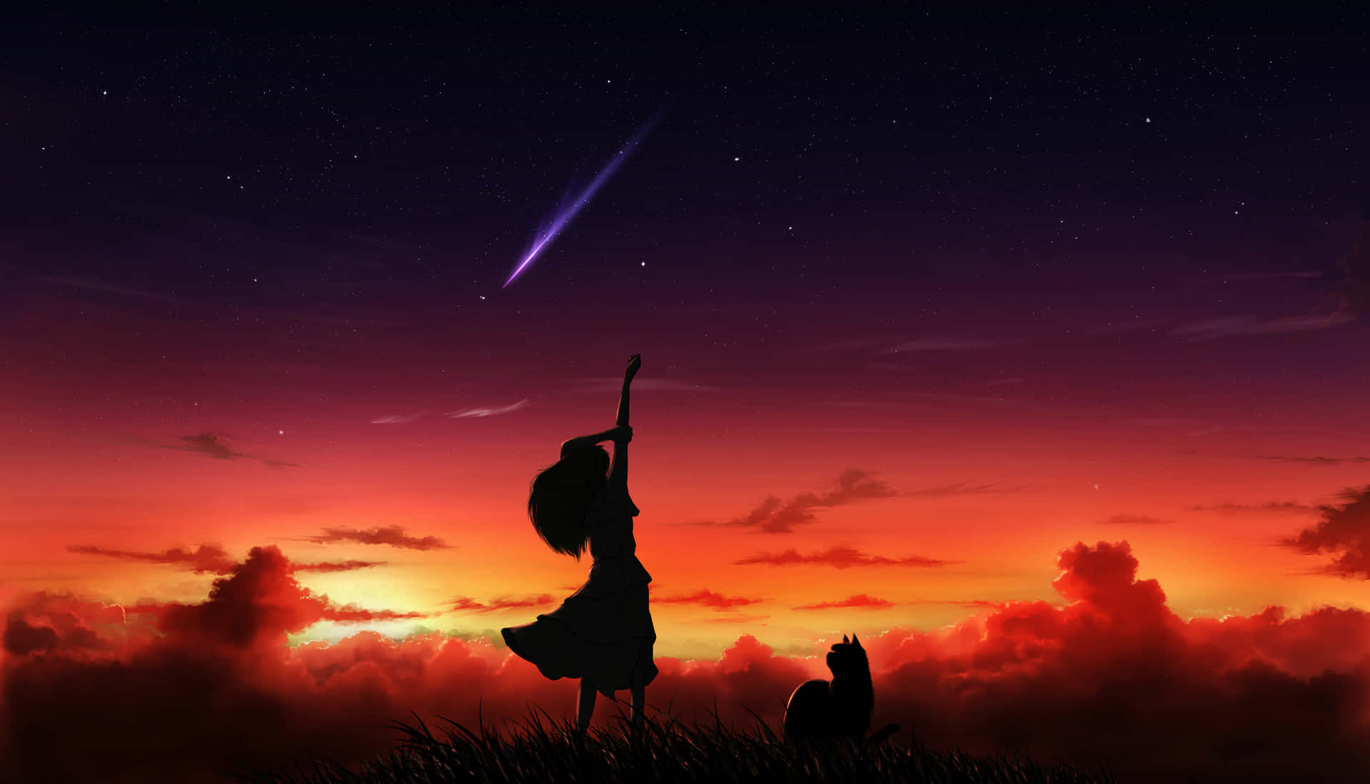 Anime Sunset 桌布 壁紙 — 一個女孩和她的貓看著流星劃過佈滿星星的熾熱日落天空。